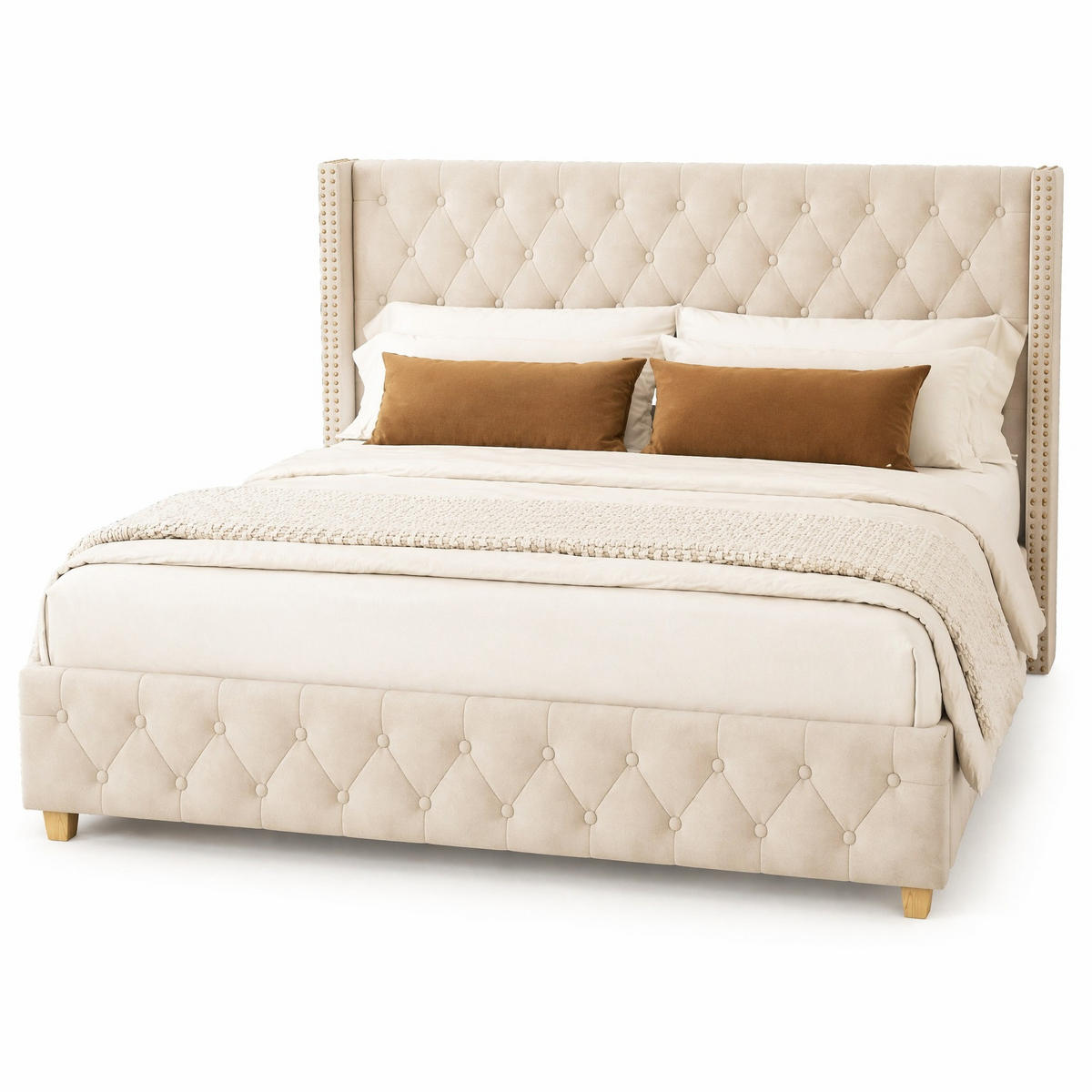 POLSTERBETT 160/200 cm in Hellbeige Samt mit Lattenrost - Beige, Holzwerkstoff/Textil (160/200cm) - CHICFURN