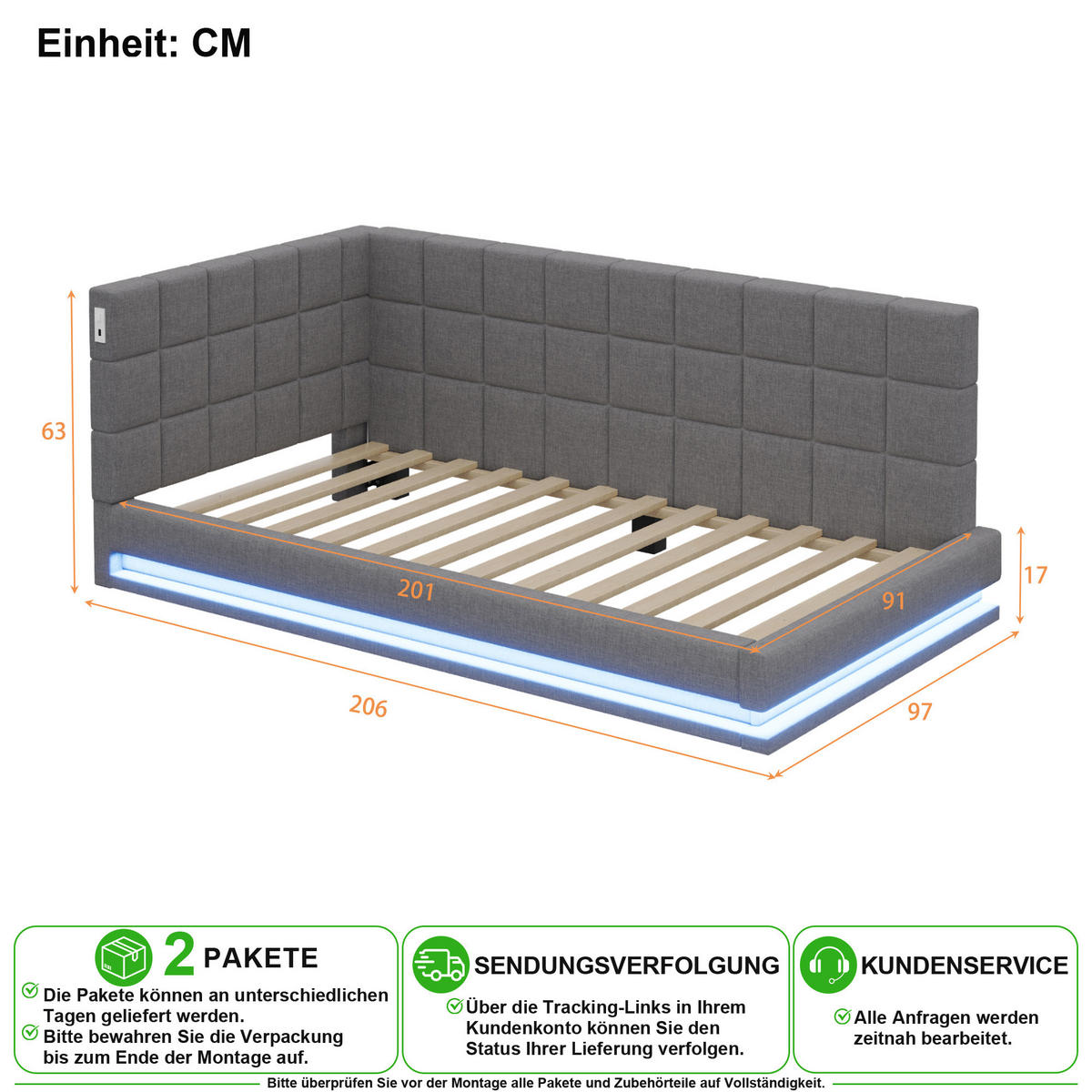 SCHLAFSOFA 90/200 cm in Grau mit LED und USB Leinen - Grau, Holzwerkstoff/Textil (90/200cm) - CHICFURN