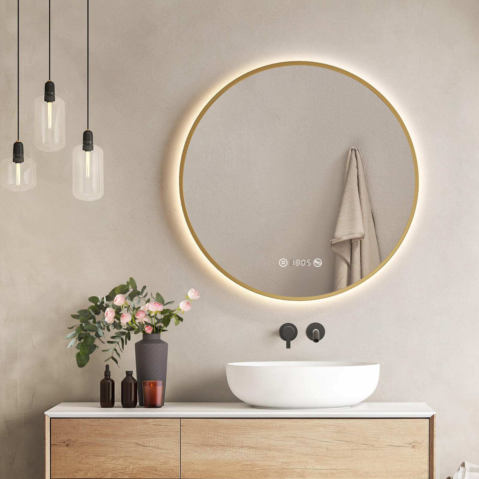 BADSPIEGEL Rund mit Beleuchtung Gold ф70 cm - Goldfarben, Glas (70/3.1/70cm) - EMKE