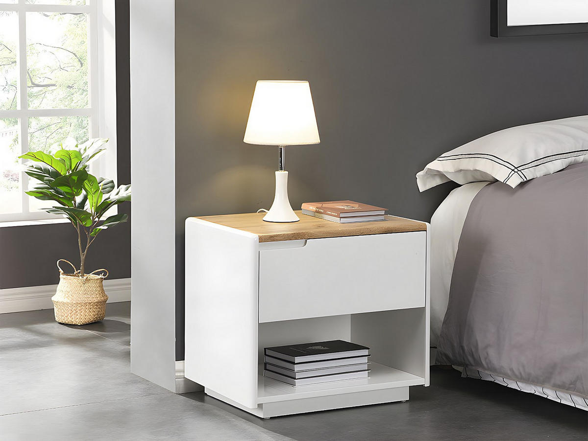 NACHTTISCH mit 1 Schublade & 1 Ablage - MDF - Weiß lackiert & Eichefarben - AMANI - Naturfarben, Holz (55/50/40cm) - Vente-Unique