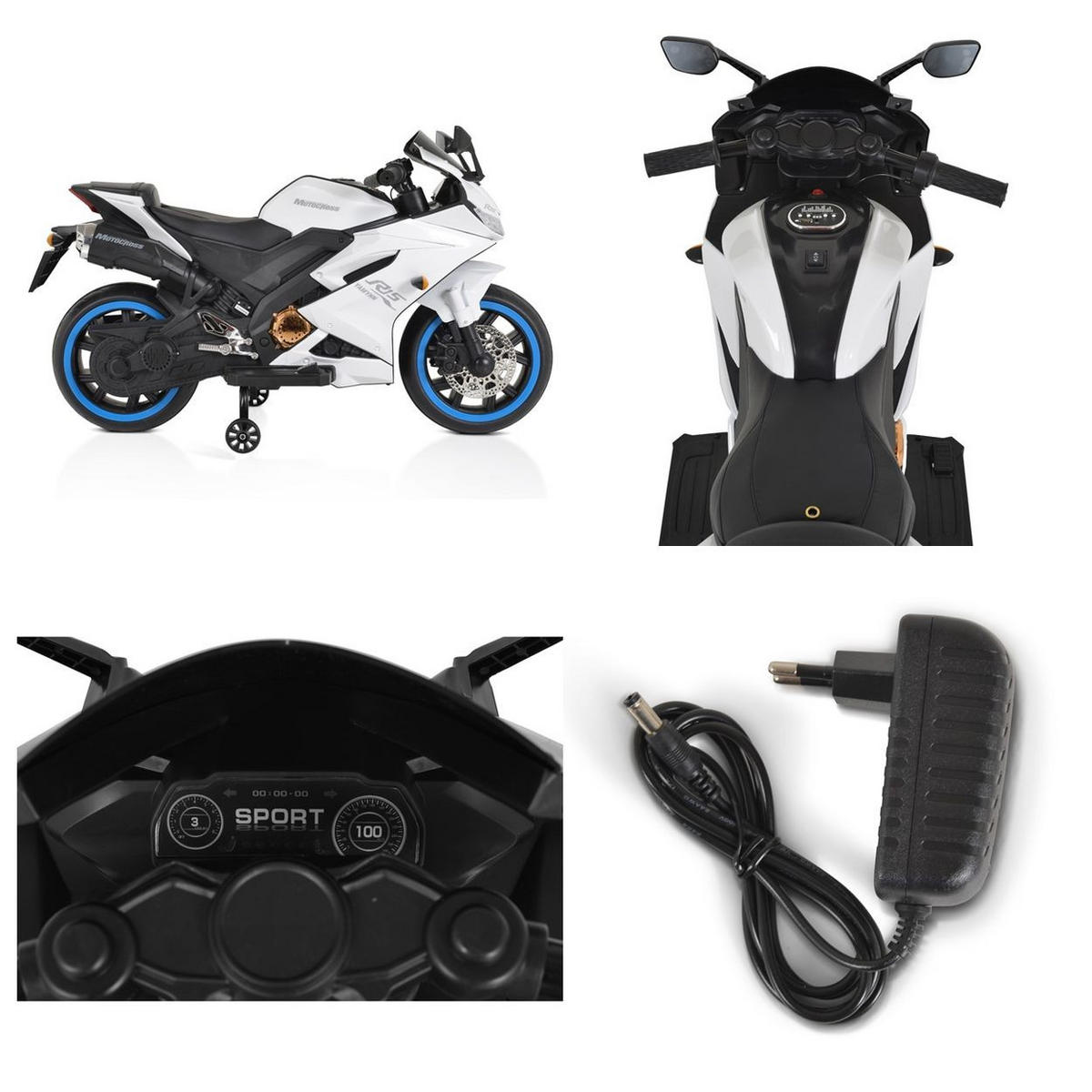 ELEKTROMOTORRAD Motocross weiß MP3-Funktion Bluetooth Stützräder Lichter - Weiß, Kunststoff (120/60/74cm) - Moni