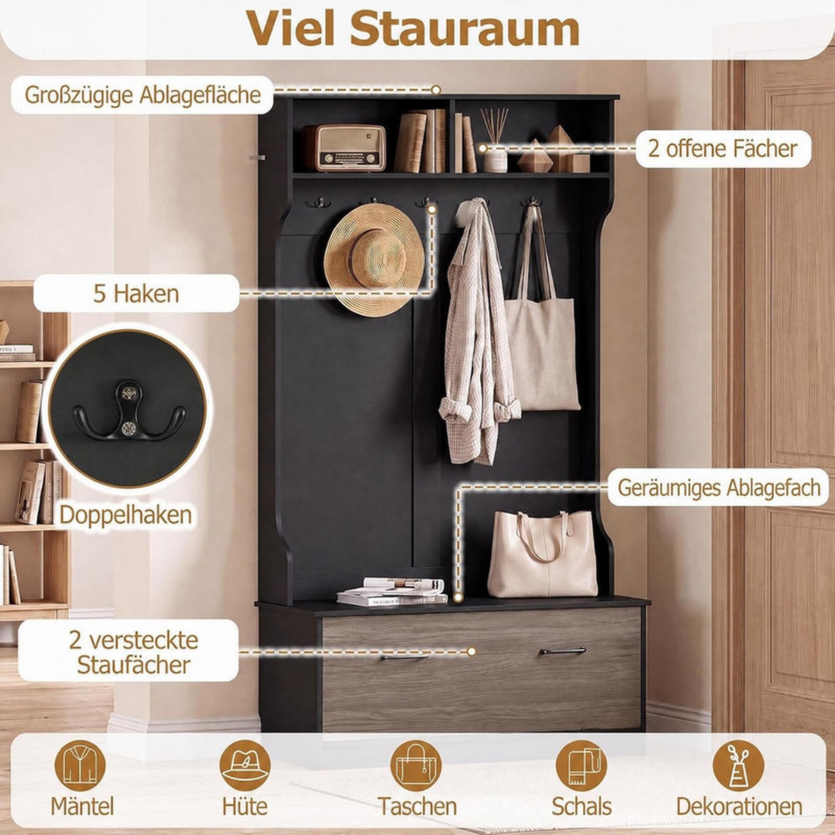GARDEROBENSTÄNDER mit Schuhschrank schwarz - Schwarz, Holzwerkstoff (100/180/71cm) - COSTWAY