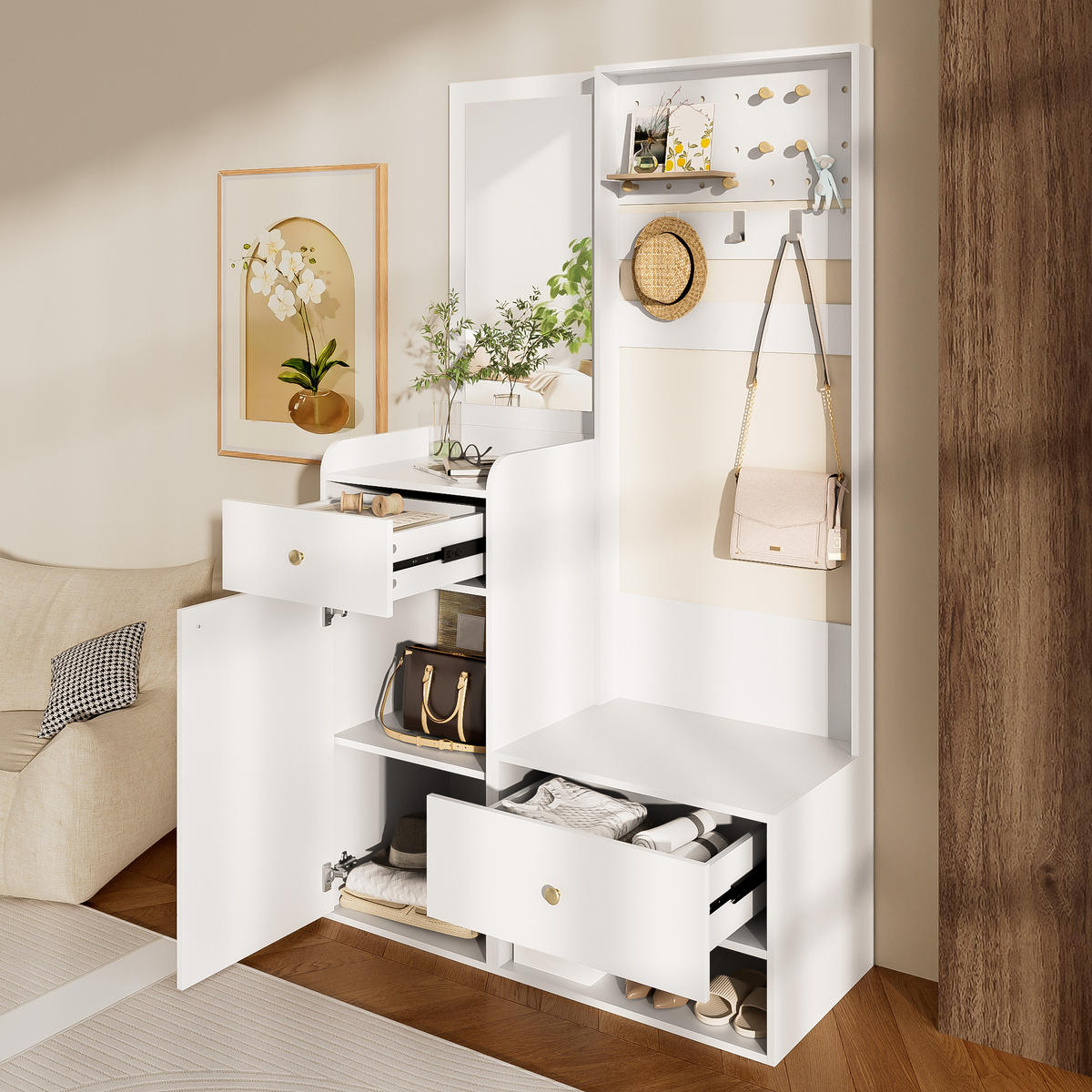 GARDEROBE 105 cm Spiegel Haken Stauraum - Weiß, Holzwerkstoff (105/180/38cm) - LEBENLANG