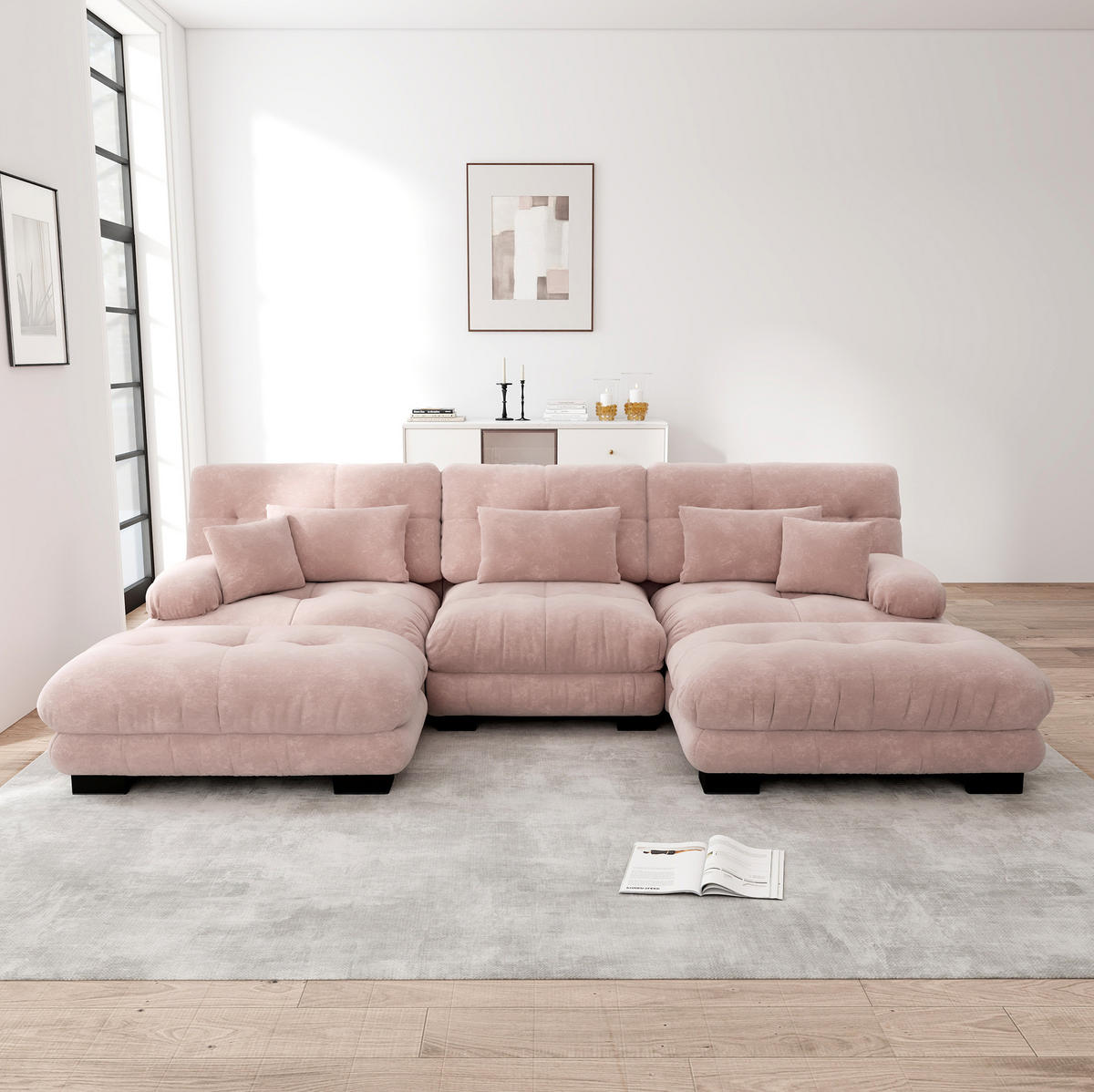 ECKSOFA 313/145/81 cm pink aus Chenille mit modularem Design, Tiefsitz und Ottomane - Pink, Textil (145/313cm) - OKWISH