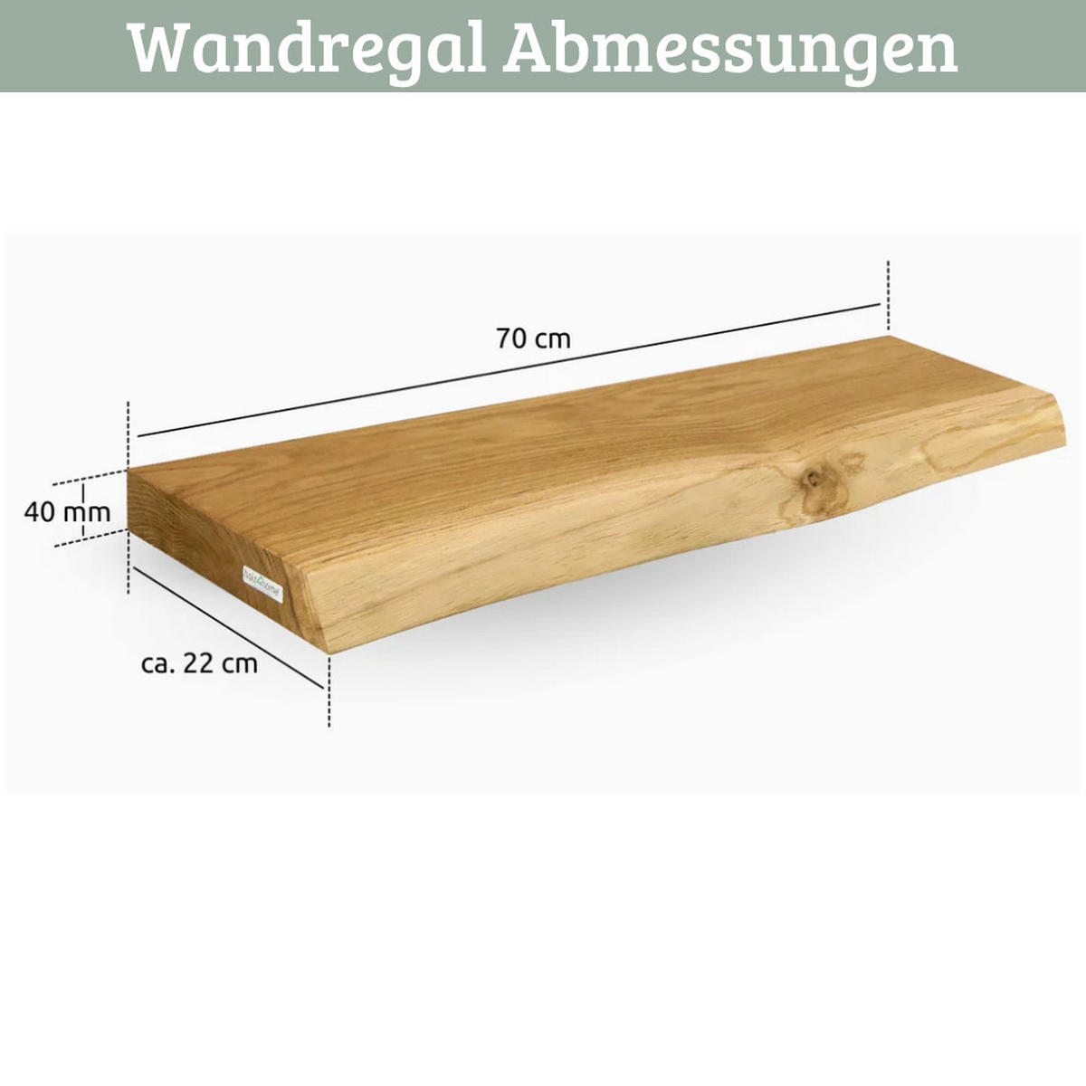 WANDREGAL Holz schwebend KYLO Eichenholz Massiv mit Baumkante 70x22x4 cm - Braun, Holz (70/4/22.2cm) - DELUKE