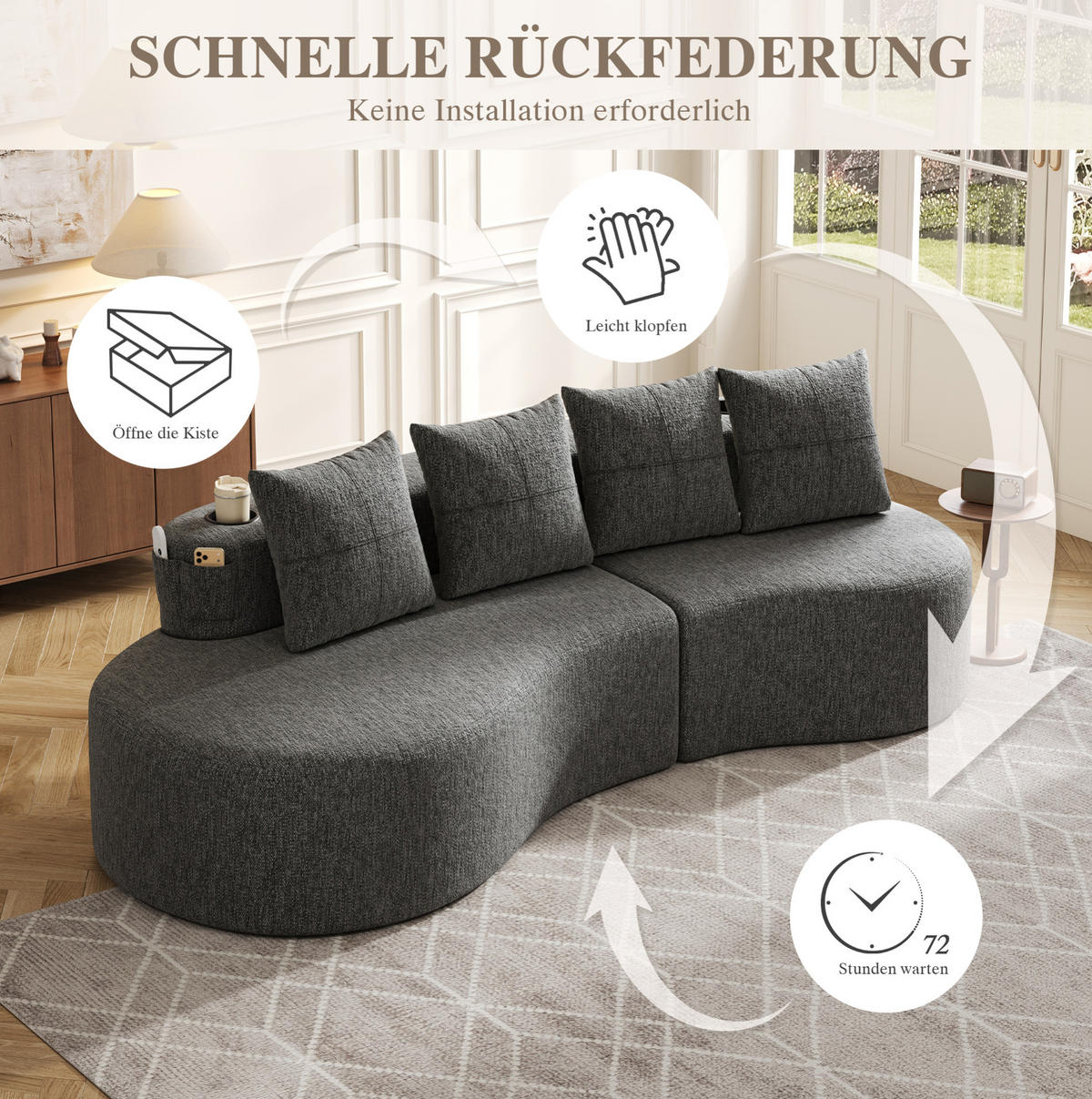 SOFA mit 4 Kissen 240 x 109 x 60 cm Leinen Dark Gray - Dunkelgrau, Kunststoff (109/63/240cm) - Meubliv