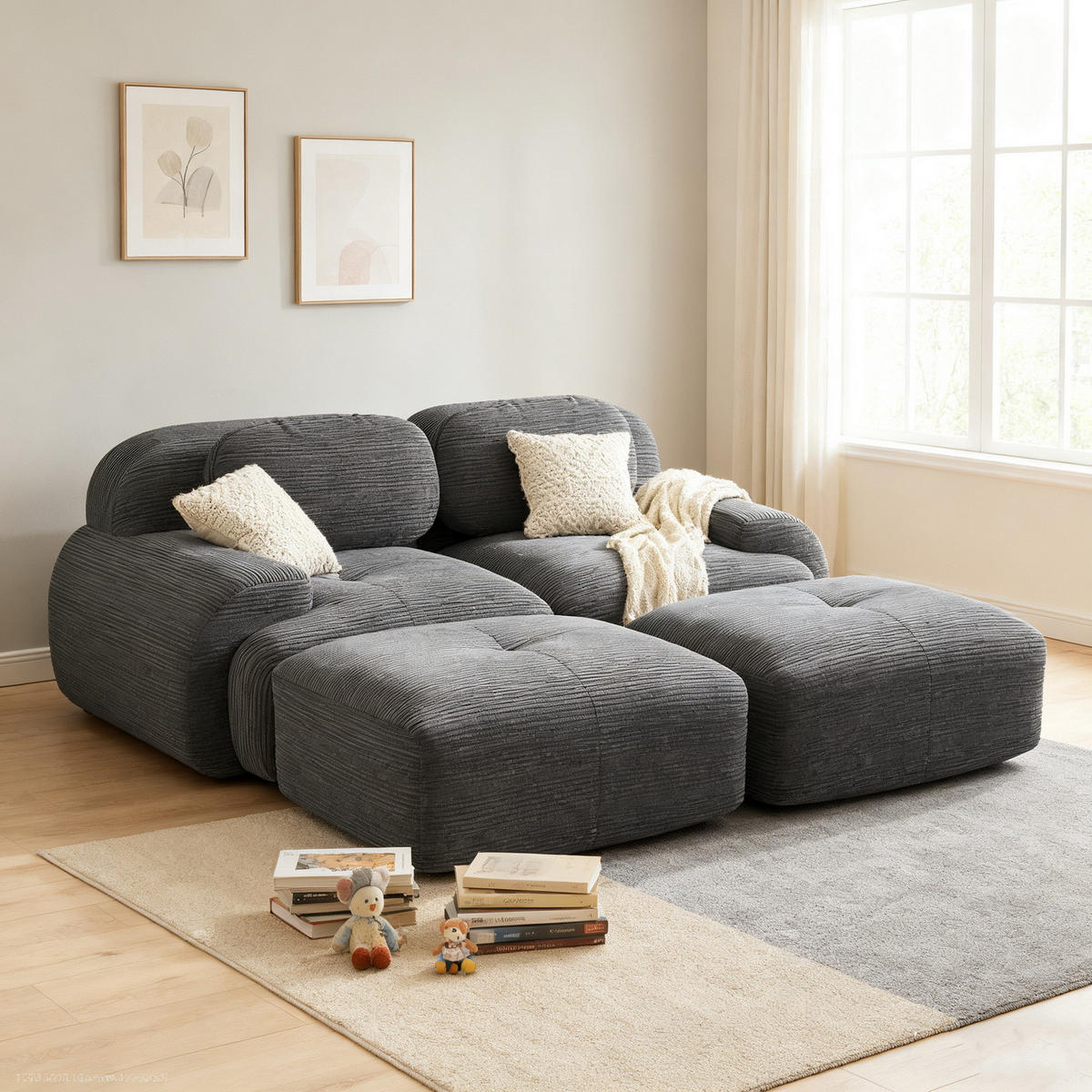SOFA Modulares 2-Sitzer, rutschfeste Unterseite, Cord, Grau - Grau, Textil (178/70/208cm) - Meubles Cosy
