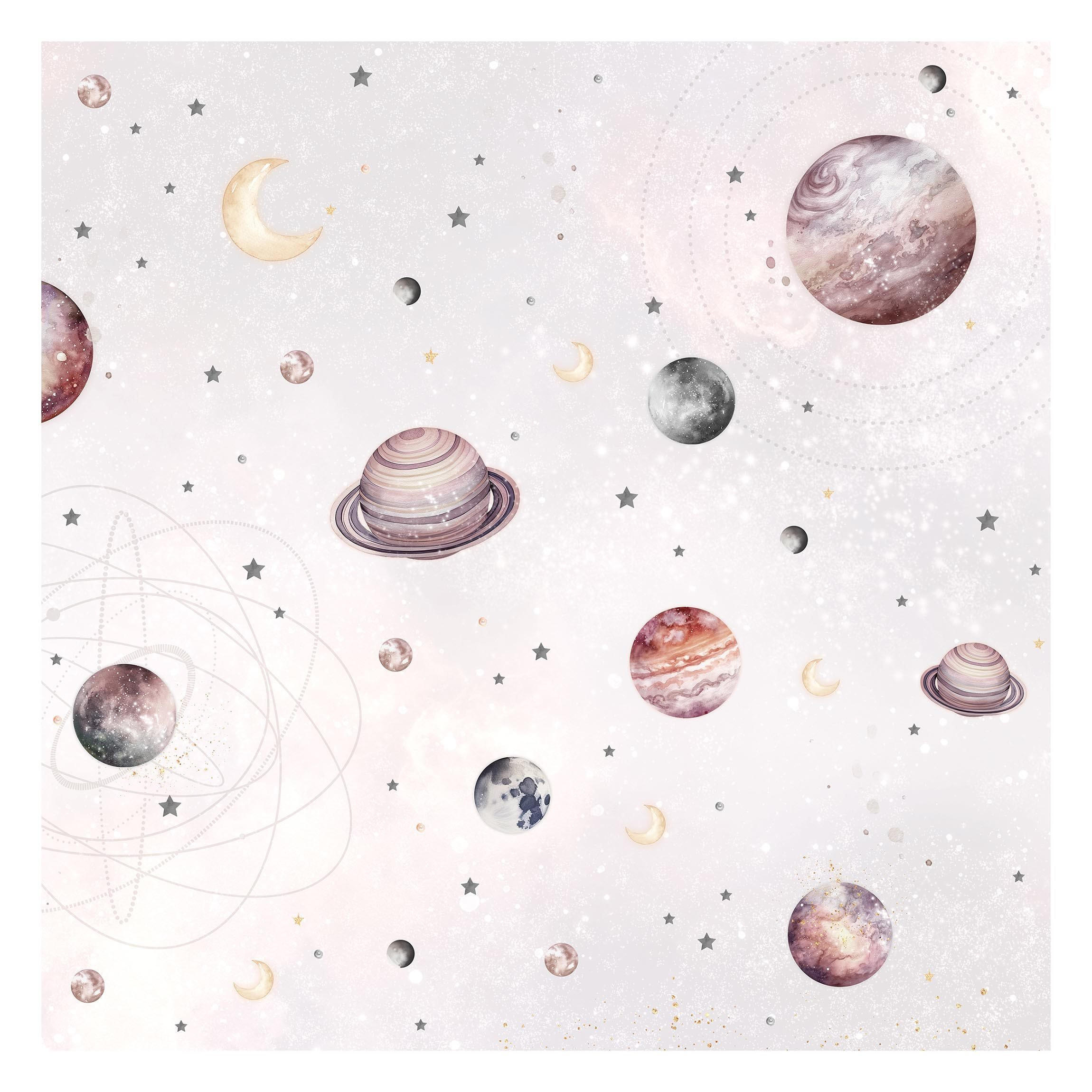 FOTOTAPETE Aquarell Planeten, Mond und Sterne 240/240 cm - Pastellblau, Papier (240/240cm) - Bilderwelten