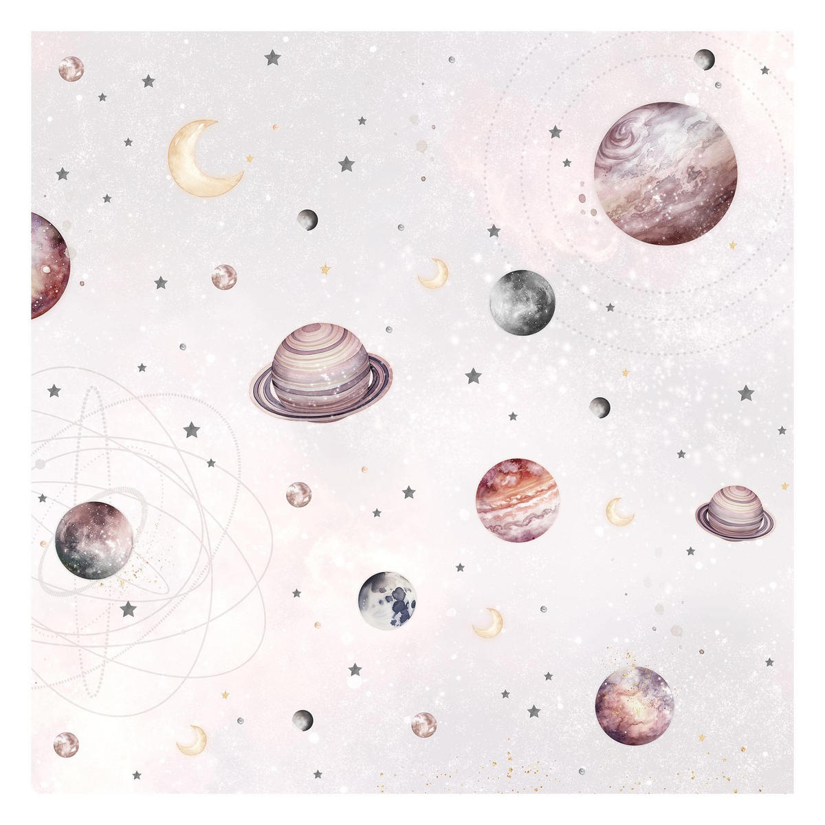 FOTOTAPETE Aquarell Planeten, Mond und Sterne 288/288 cm - Pastellblau, Papier (288/288cm) - Bilderwelten