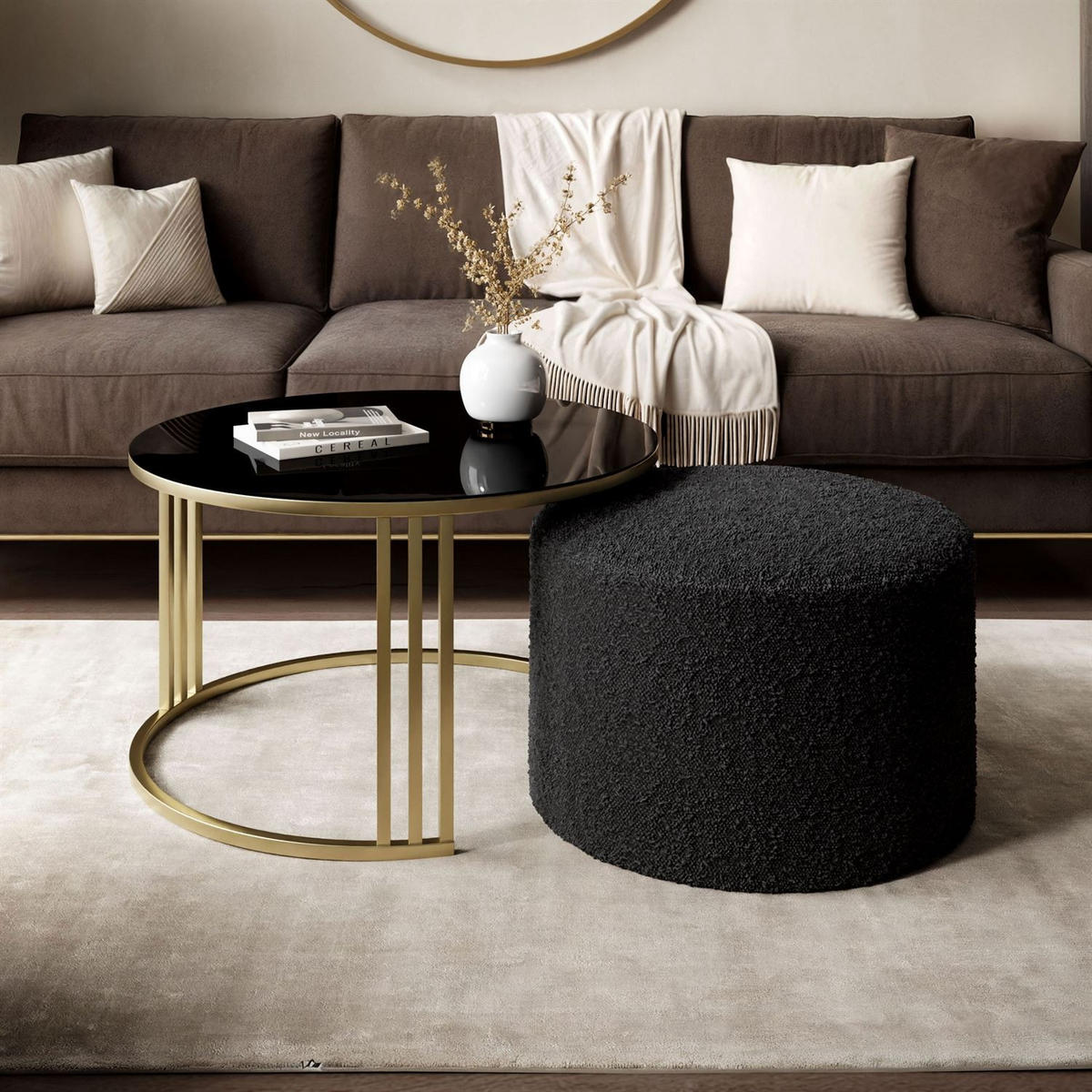COUCHTISCH mit Hocker LORI GLASS gebürstetes Gold/schwarzes Glas/Coral 60 - Schwarz, Metall (70/70/49cm) - Lookway