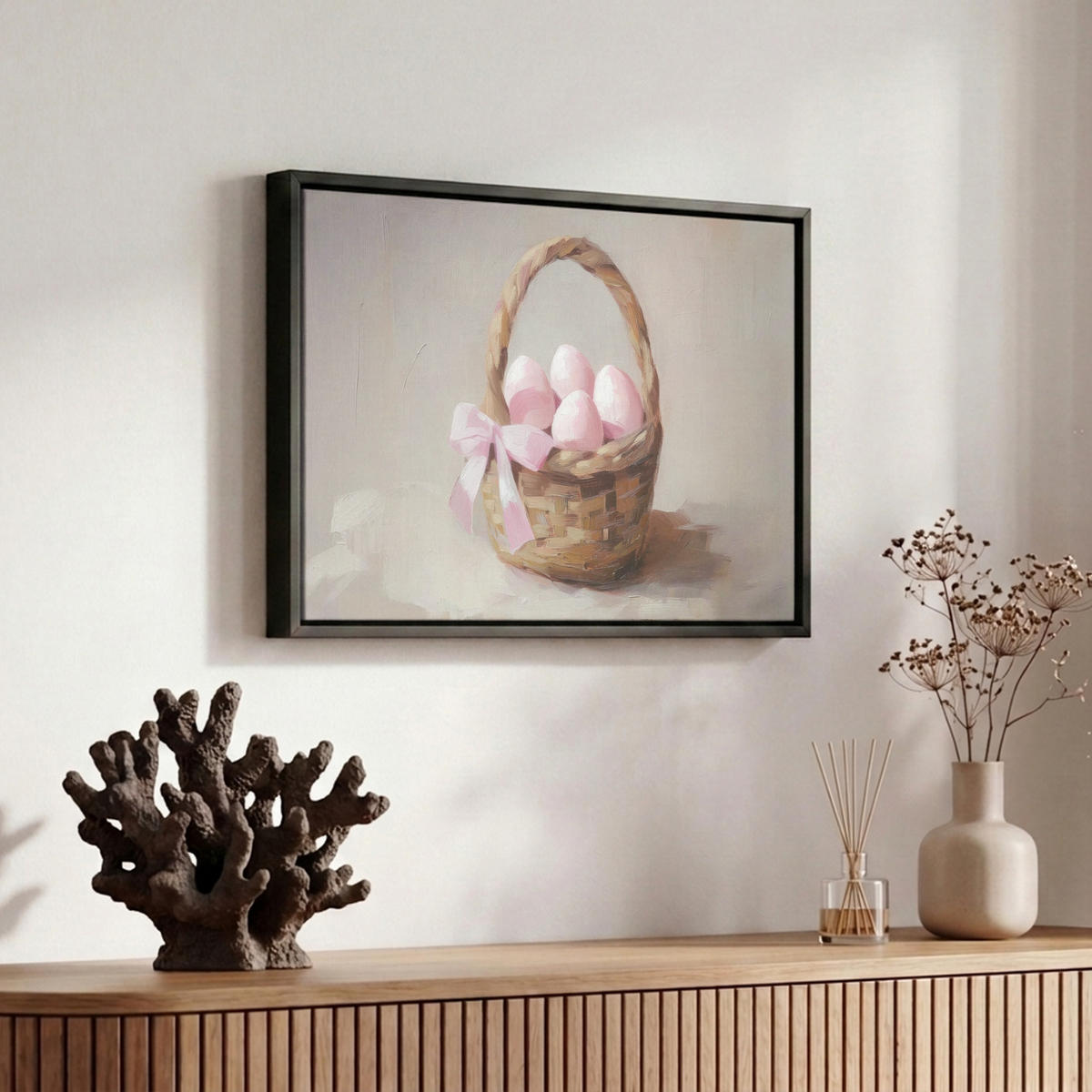 LEINWAND Bilder mit Rahmen - Korb - Eier - Rosa - 30x20 - Beige, Textil (30/20cm) - MuchoWow
