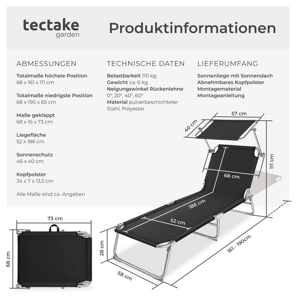 GARTENLIEGE Chloé,190 x 68 x 65 cm,schwarz - Schwarz, Kunststoff (68/65/190cm) - tectake