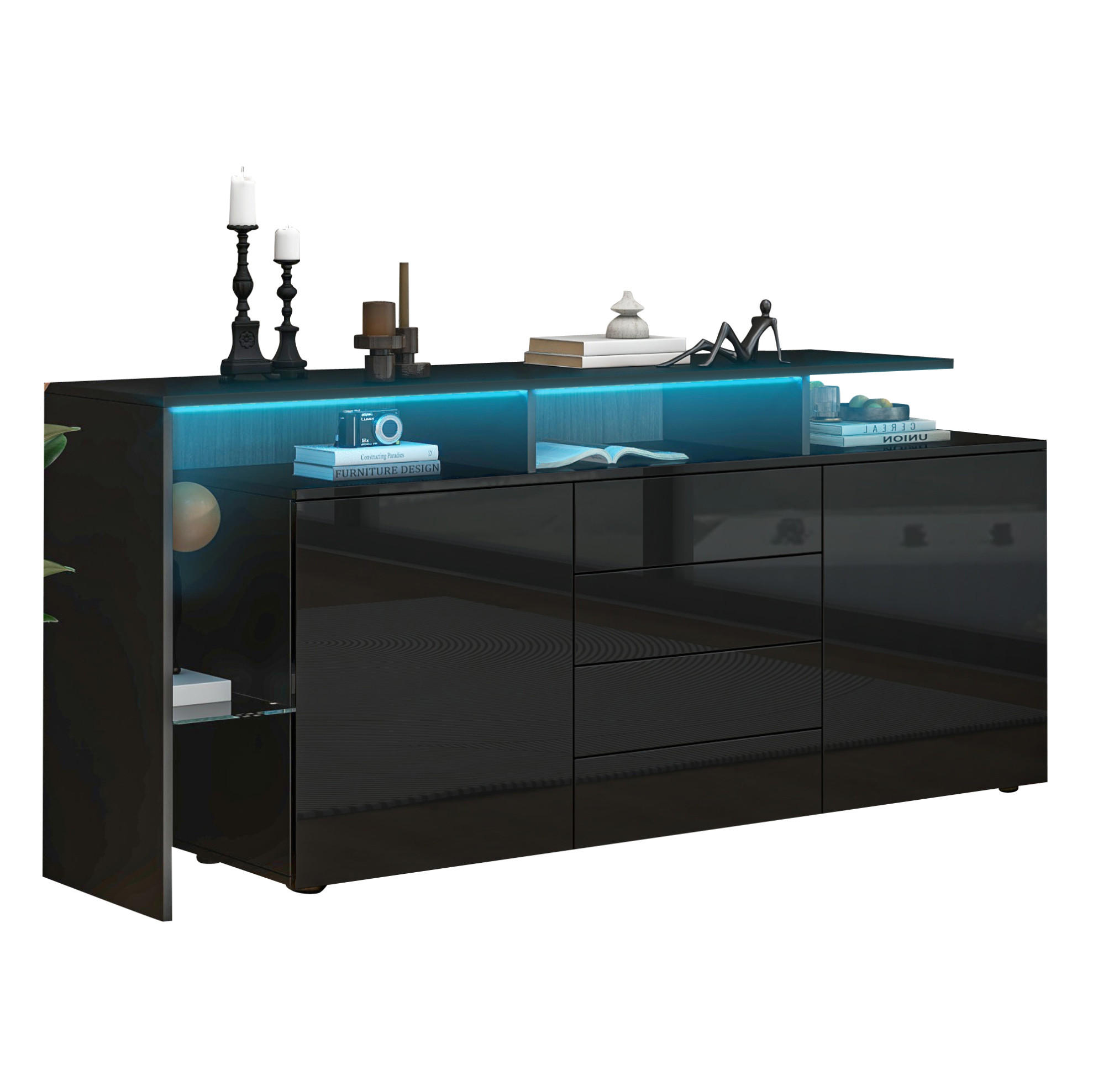 SIDEBOARD mit LED 160 cm Schwarz Hochglanz - Schwarz, Holzwerkstoff (160/70/35cm) - Meubliv