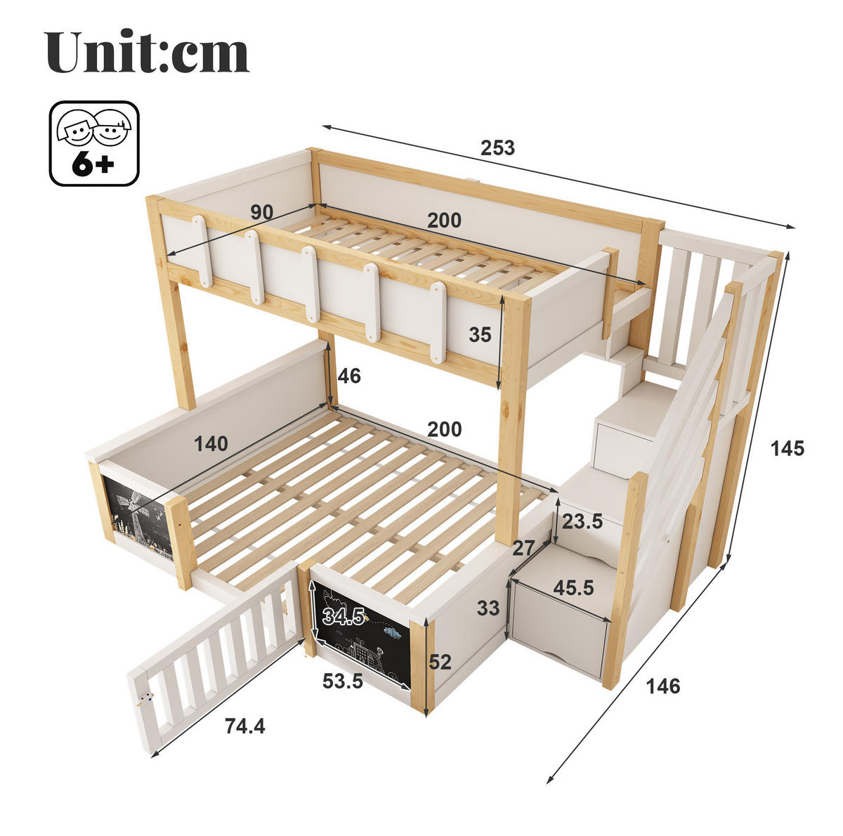 ETAGENBETT aus Massivholz, MDF und Sperrholz 90x200/140x200 cm Weiß/Natur mit Stauraumtreppe - Weiß, Holz (90/200cm) - Modfu