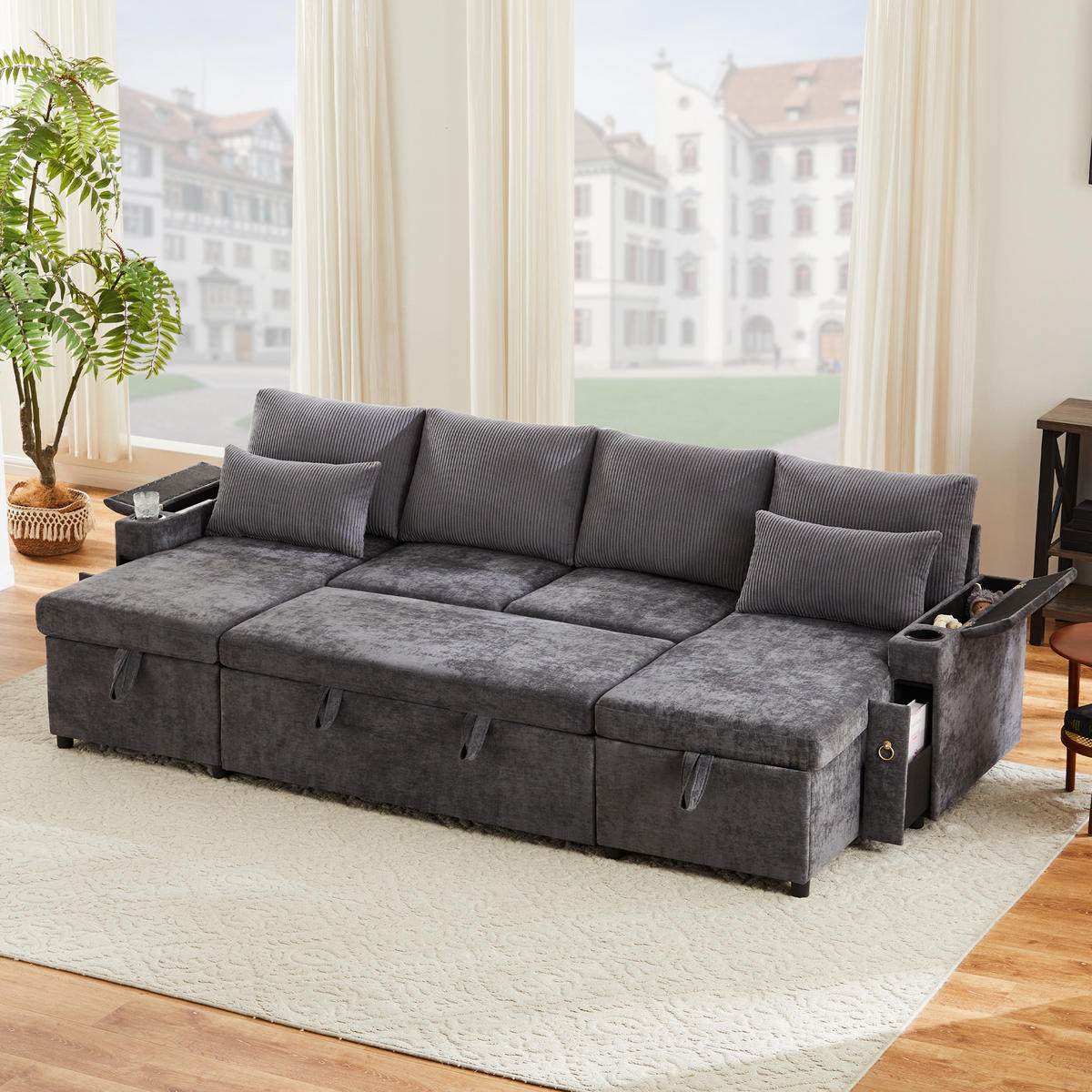 SCHLAFSOFA 272/131/84 cm Grau mit Getränkehaltern und Stauraum - Grau, Textil (272/84/131cm) - Oxeza