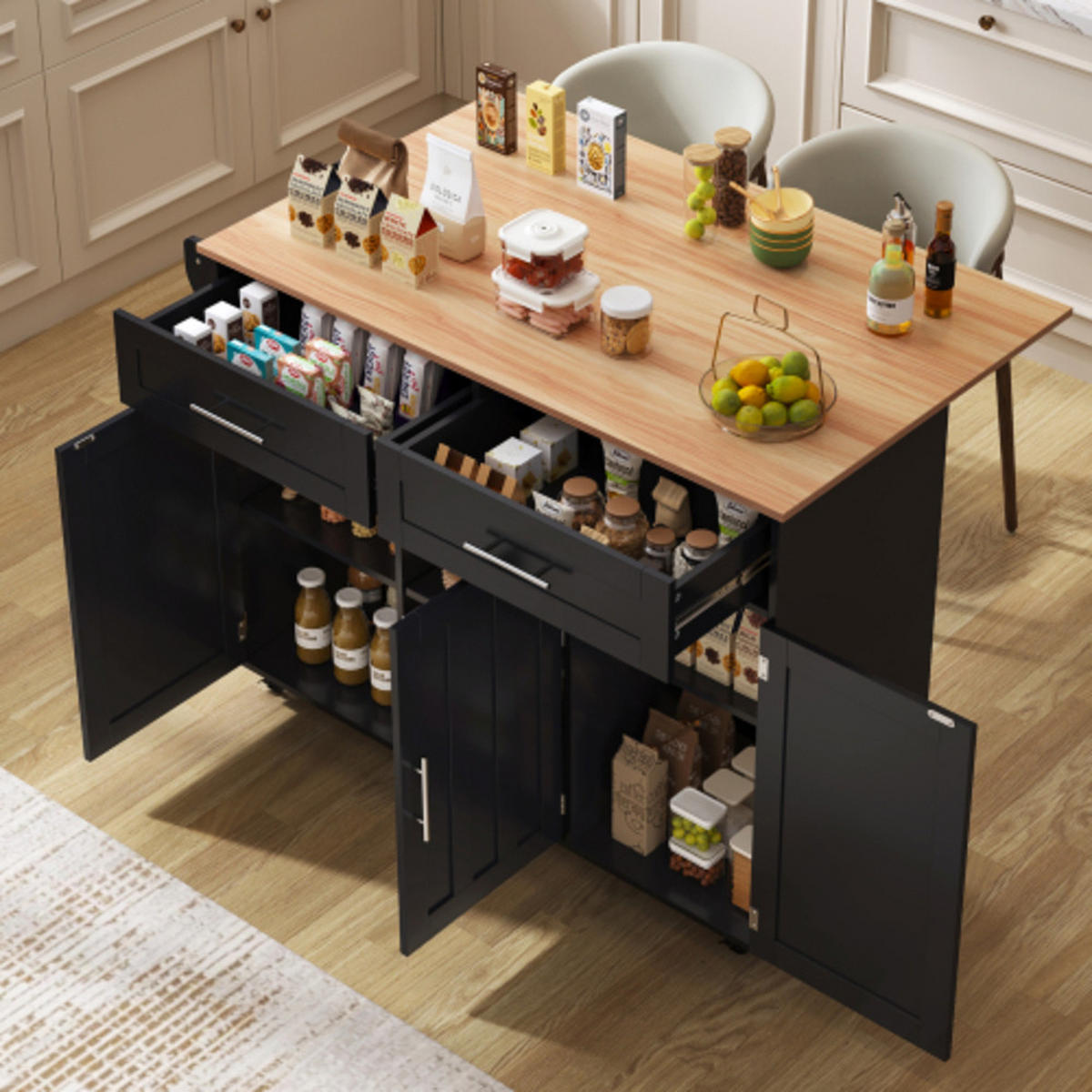 KÜCHENINSEL Schwarz-Natur aus MDF mit klappbarer Erweiterungsplatte, austauschbaren Füßen 129 × 71 × 91,5 cm - Schwarz, Holzwerkstoff (129/91.5/71cm) - Luhomfu
