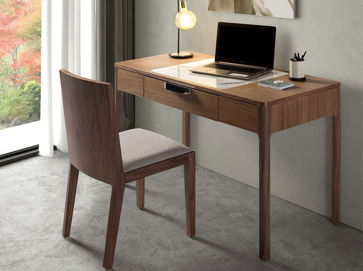 SCHMINKTISCH aus Nussbaumholz mit weißer und grau glänzender Glasplatte in Marmoroptik - Nussbaumfarben/Walnussfarben, Glas/Holz (55/120/76cm) - ANGEL CERDA