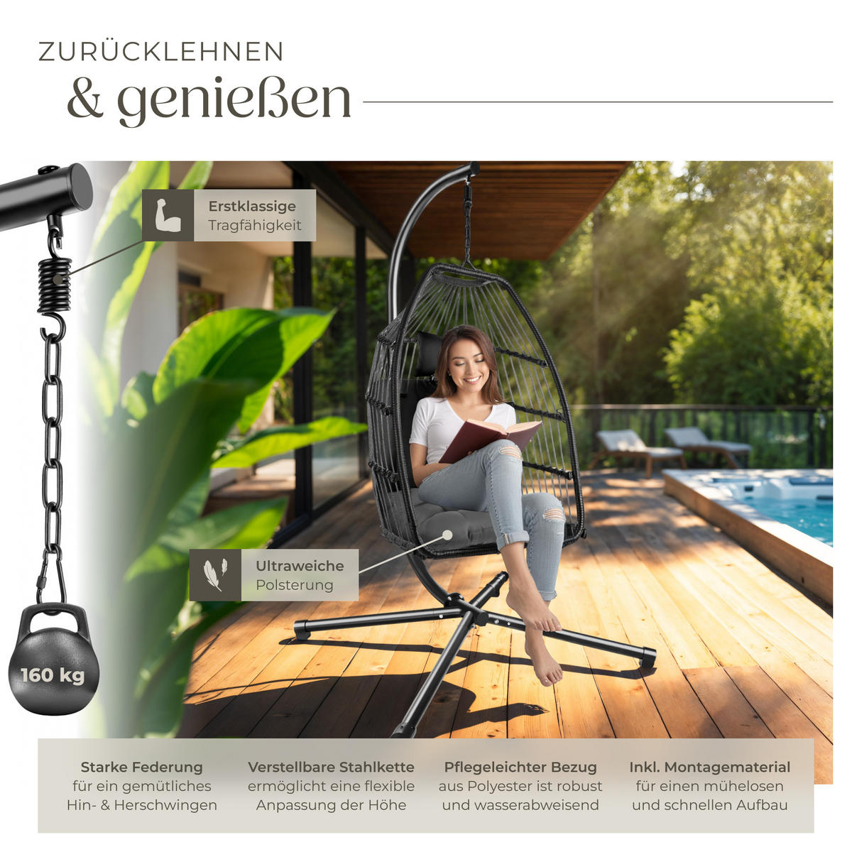 HÄNGESESSEL Ariane,inklusive Schutzhülle, 98 x 107 x 202 cm,dunkelgrau - Dunkelgrau, Kunststoff/Textil (98/202/107cm) - tectake
