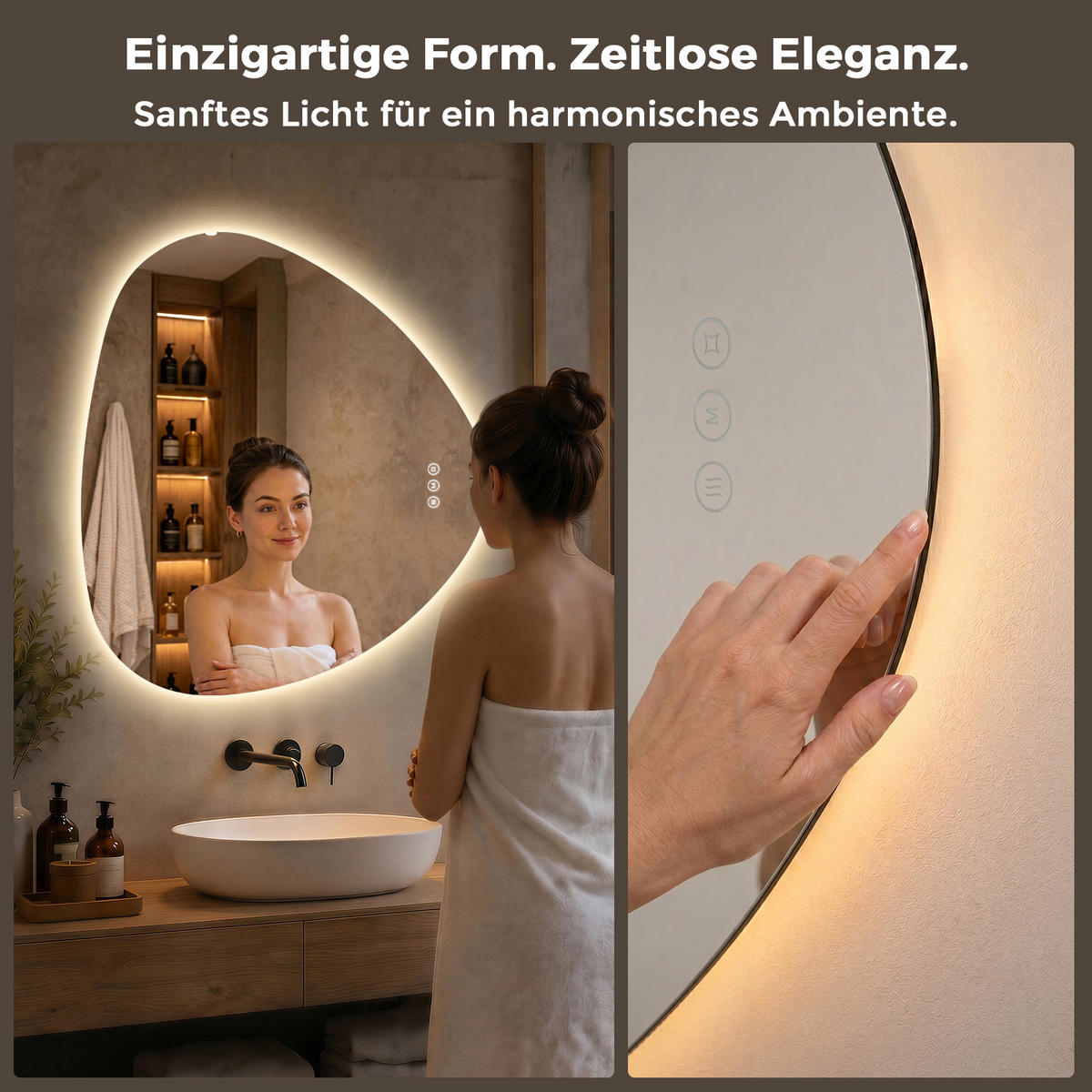 BADEZIMMERSPIEGEL mit Beleuchtung 80/70 cm asymmetrisch rahmenlos LED dimmbar mit Antibeschlag - Transparent, Glas (80/70/2.5cm) - S'AFIELINA