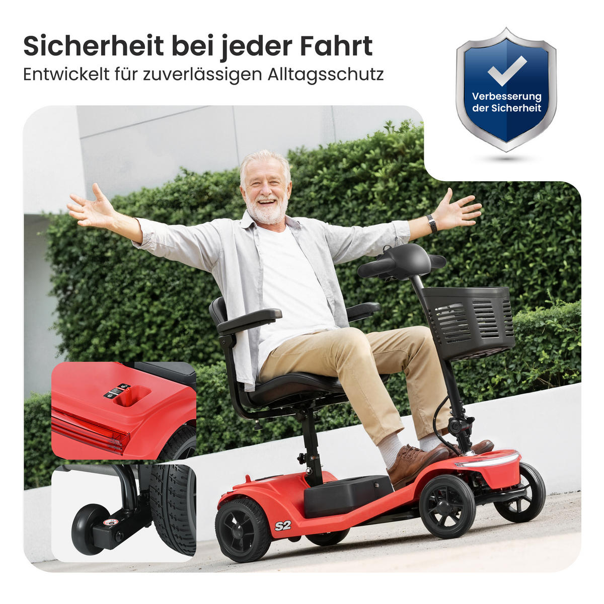 ELEKTROMOBIL mit vier Rädern für Senioren, Tragkraft 136 kg, Geschwindigkeit 6 km/h - Rot, Metall (99.9/82/48.5cm) - Gisaae