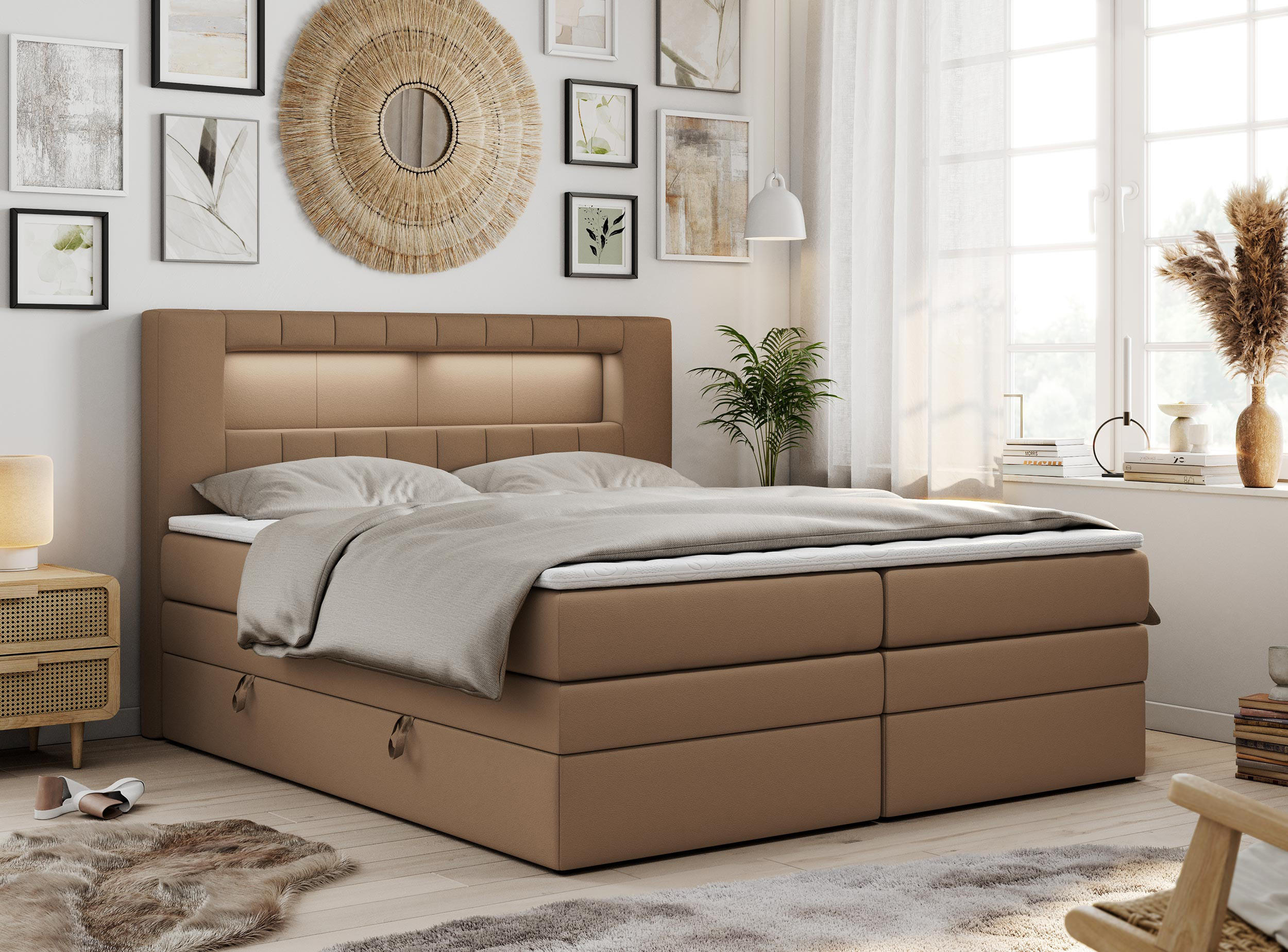 BOXSPRINGBETT GOLD-5 KING LED 120/200 Braun Kunstleder - H3 - Braun, Holz/Textil (120/200cm) - MKS