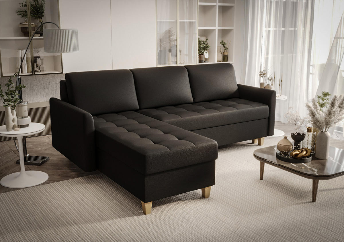 ECKSOFA KONGO RBN08, Eckcouch in L-Form mit Schlaffunktion, Farbe: Schwarz, Kunstleder, Ottomane Links - Schwarz, Textil (240/180cm) - O-Sofa