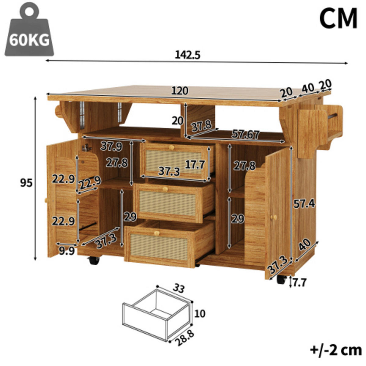 KÜCHENINSEL 142,5×40-80×95 cm aus MDF, Metall und PE-Rattan mit beidseitig klappbarer Tischverlängerung, dunkelbraun - Dunkelbraun, Holzwerkstoff (142.5/95/80cm) - Luhomfu