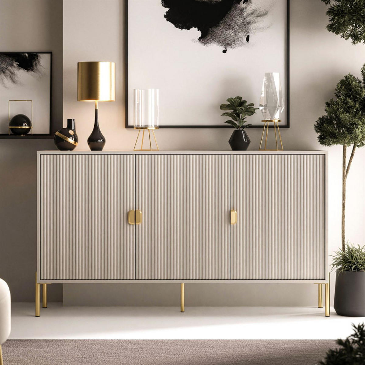 KOMMODE DALIA 3D - Kaschmir/Goldfarben, Holzwerkstoff (154/84/49cm) - Lookway