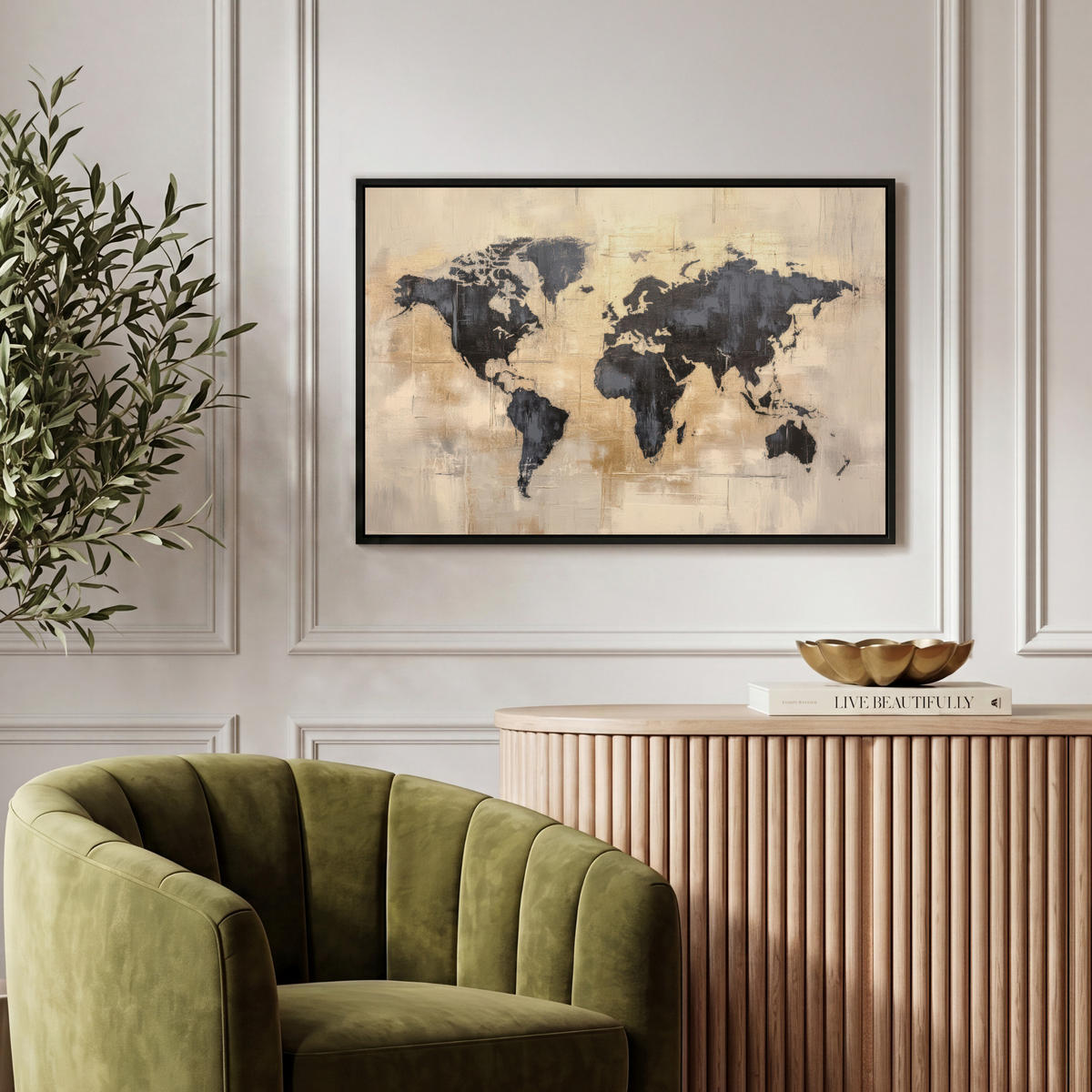 LEINWAND Bilder mit Rahmen - Weltkarte - Gold - Schwarz - Abstrakt - 60x40 - Kupferfarben, Textil (60/40cm) - MuchoWow