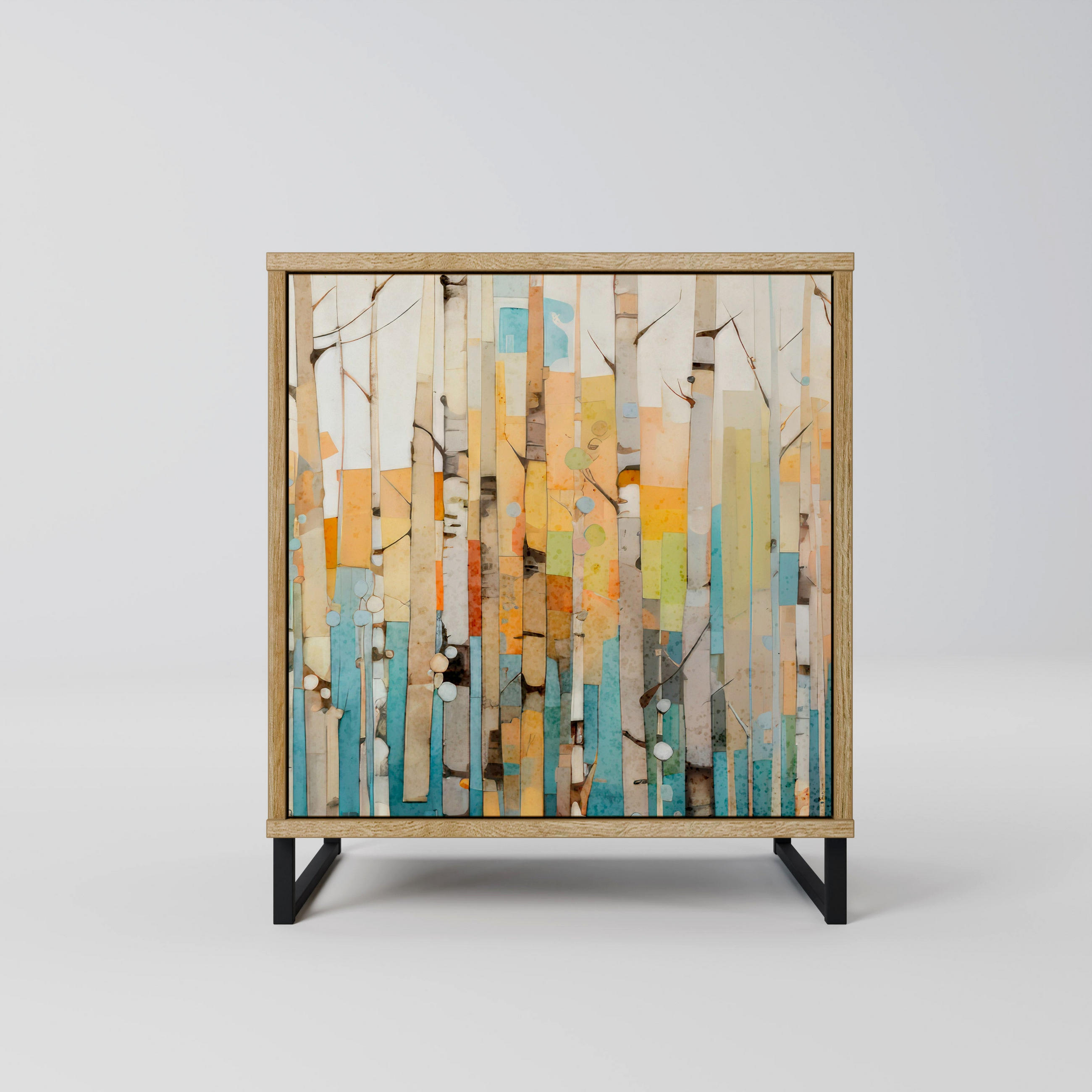 SIDEBOARD BIRCH KALEIDOSCOPE, Eichefarben, 57,5x42x67,5 cm, Schwarze Metall-Rahmenfüße - Eichefarben/Multicolor, Holzwerkstoff/Metall (57.5/67.5/42cm) - SpaceRebels