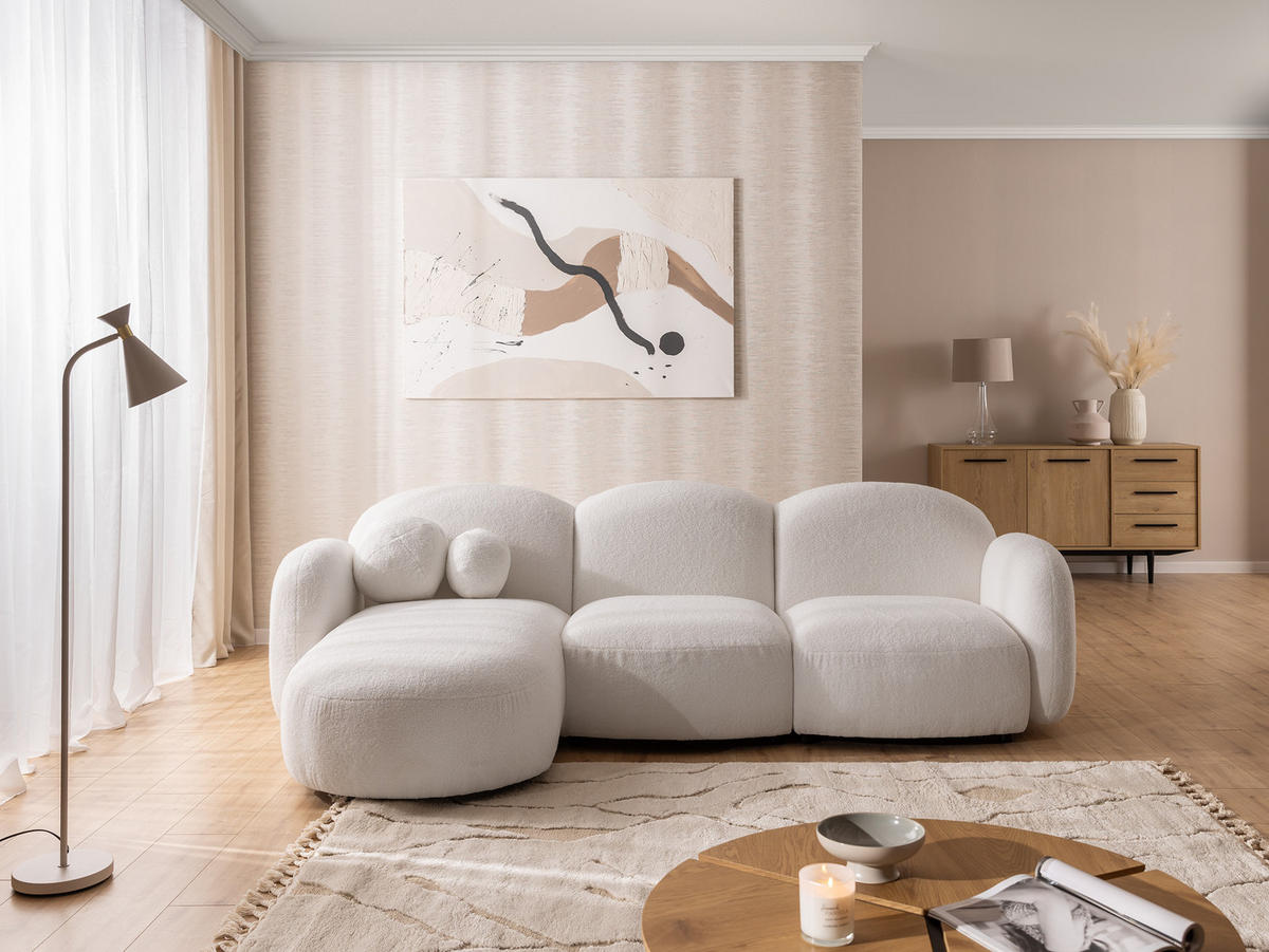 ECKSOFA Nuvola mit abgerundetem Design Weiß Bouclé-Stoff - Ottomane Links - Schwarz/Weiß, Holz/Kunststoff (268/146cm) - S-Style Möbel