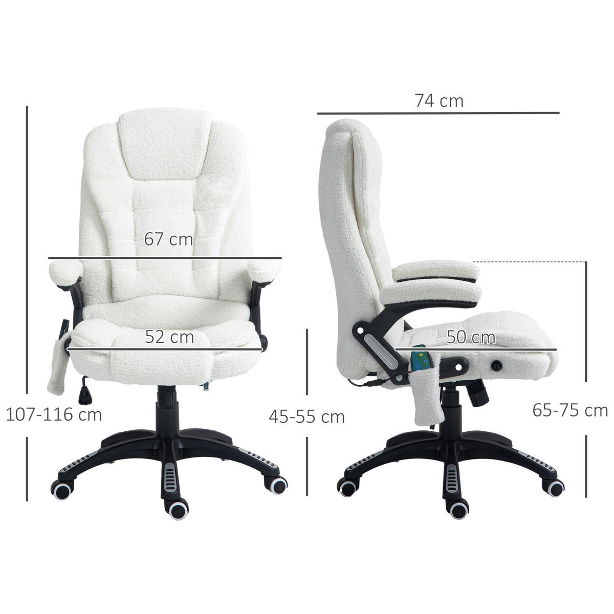 MASSAGE-BÜROSTUHL mit Wippfunktion, Schreibtischstuhl mit Heizfunktion, Weiß - Schwarz/Weiß, Kunststoff/Textil (74/116/67cm) - Vinsetto