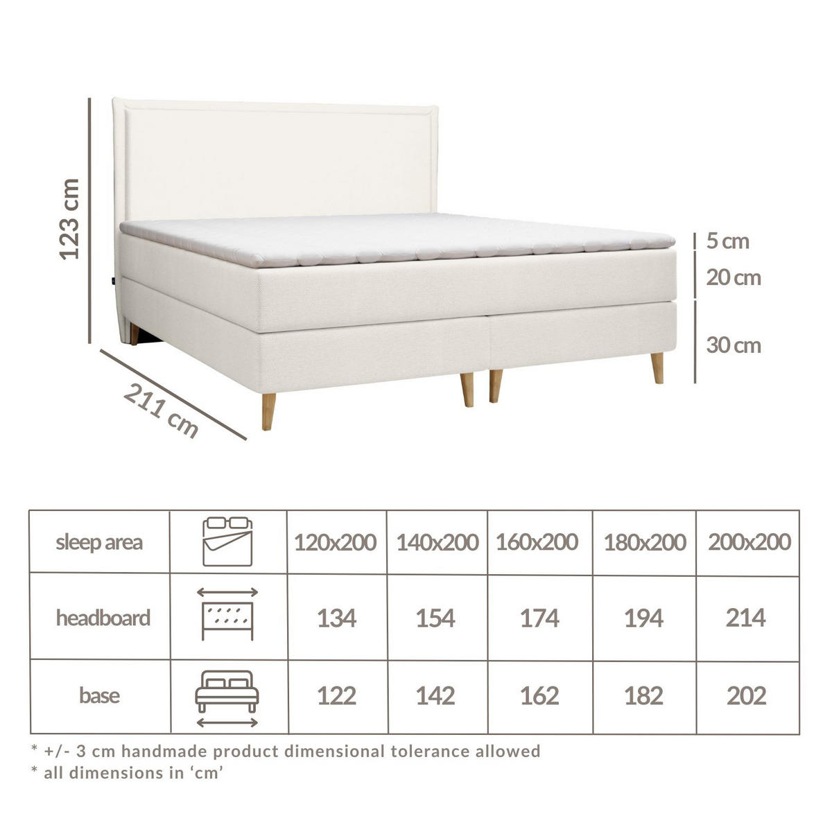 KONTINENTALBETT Calma Creme 180/200 cm mit Bonellmatratze - Creme/Naturfarben, Holz/Holzwerkstoff (180/200cm) - Maison de Reve