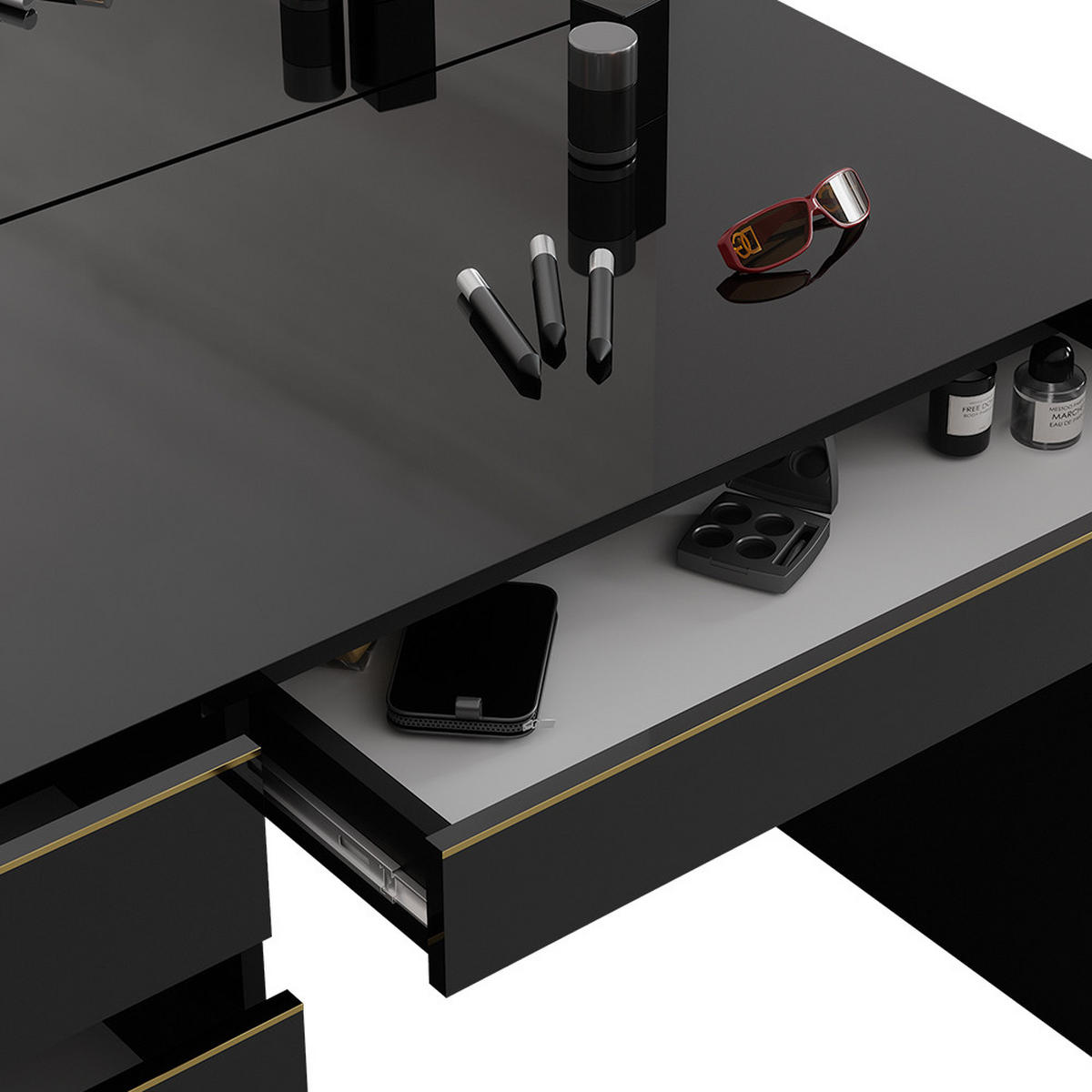 SCHMINKTISCH-SET Sherry Schwarz/Gold 120 cm mit Hocker - Goldfarben/Schwarz, Holzwerkstoff (120/75/55cm) - Vicco