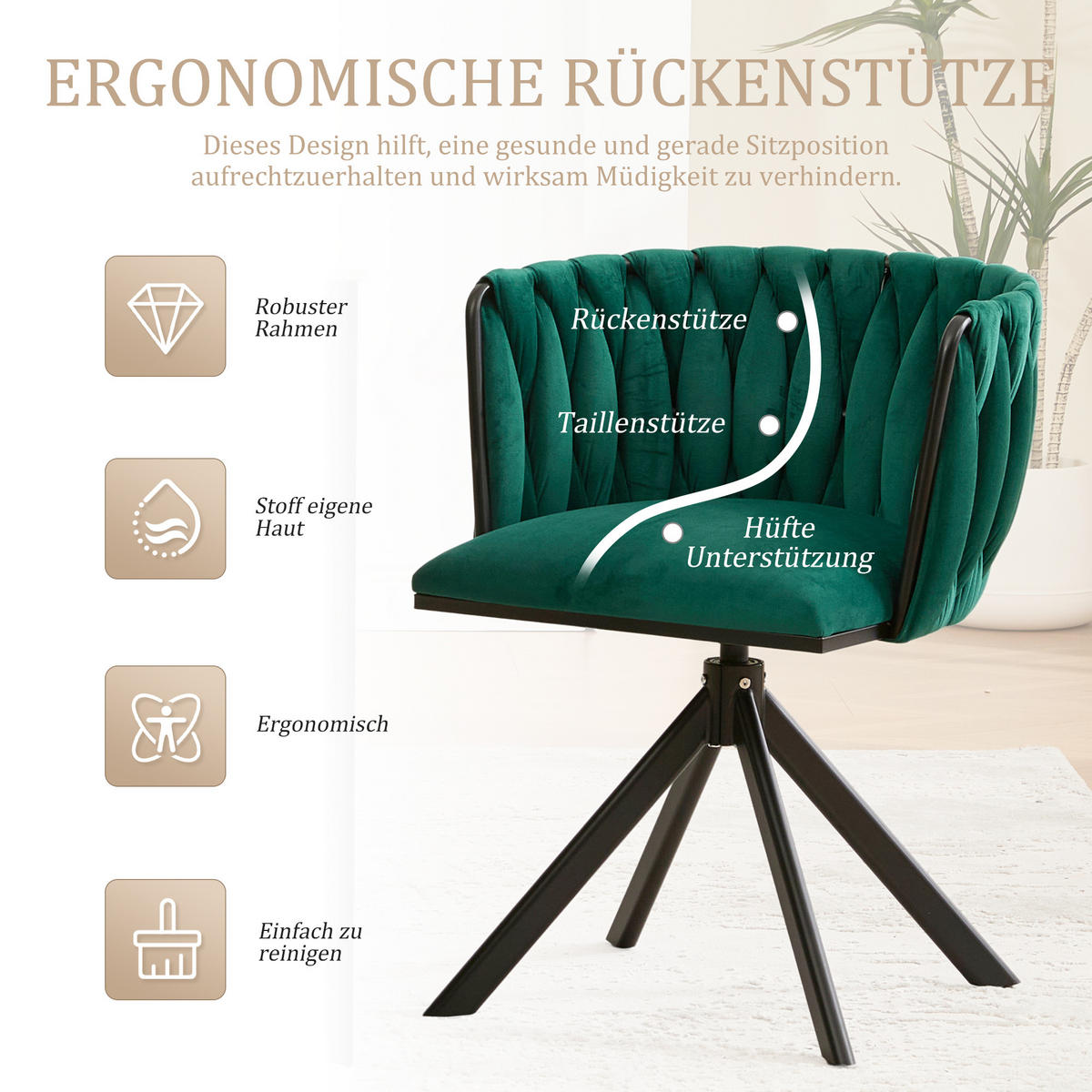 ARMLEHNSTUHL(SET à 2 Stück) - Metallgestell, ergonomisches Design und hochwertiger Velours - Smaragdgrün - Dunkelgrün, Textil/Metall (50/70/56cm) - KOMHTOM