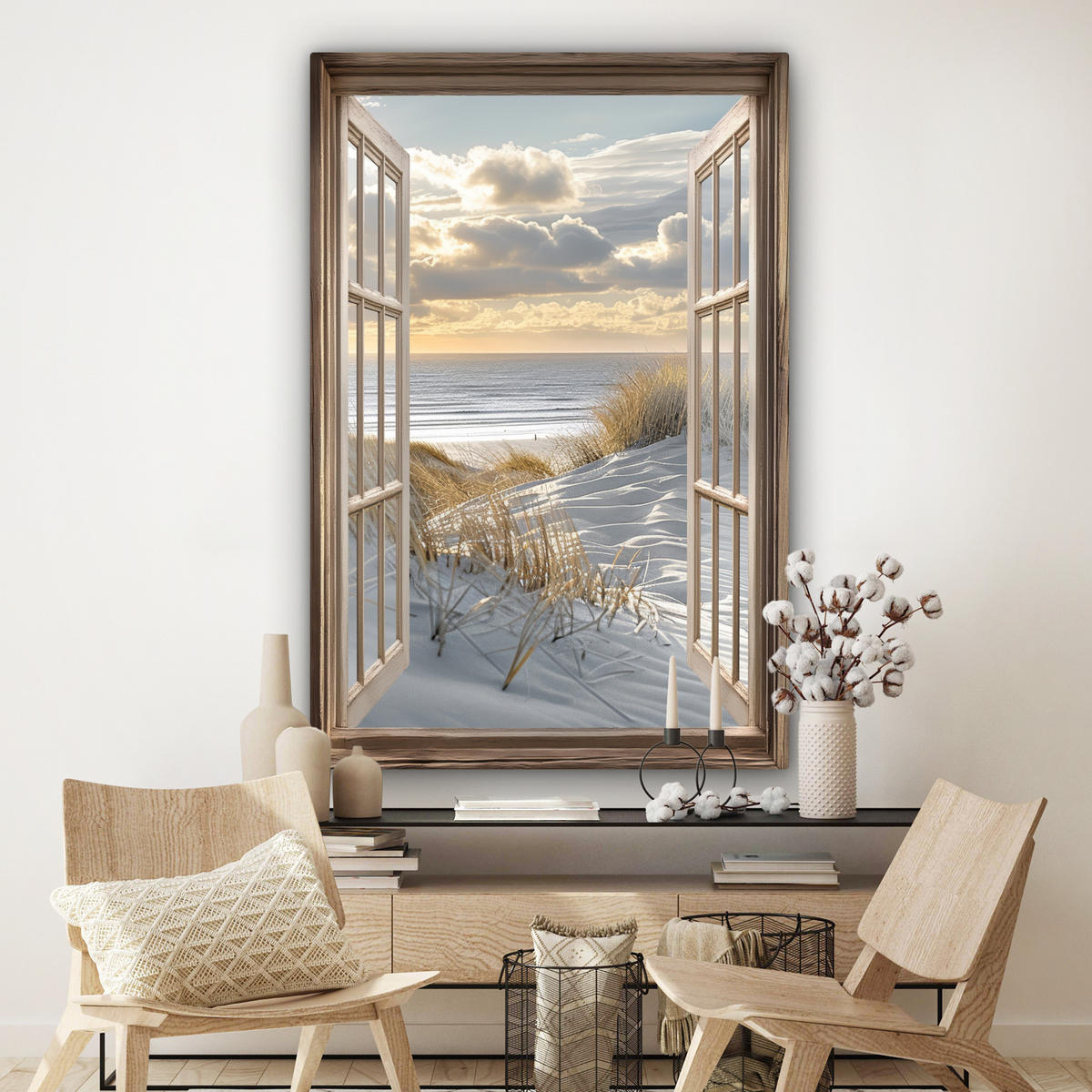 LEINWANDBILD Ausblick - Strand - Dünen - Meer - Natur Deko Groß 90x140 cm - Sandfarben, Textil (90/140cm) - MuchoWow