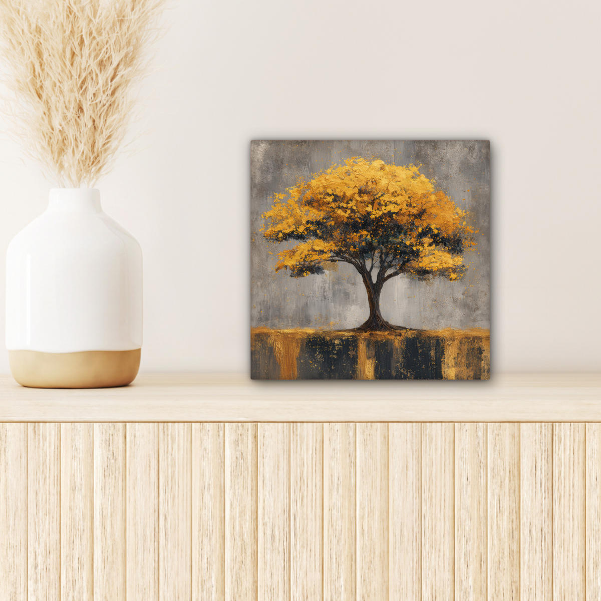 LEINWANDBILD Baum - Blätter - Gold - Abstrakt Deko Wohnzimmer 20x20 cm - Grau, Textil (20/20cm) - MuchoWow