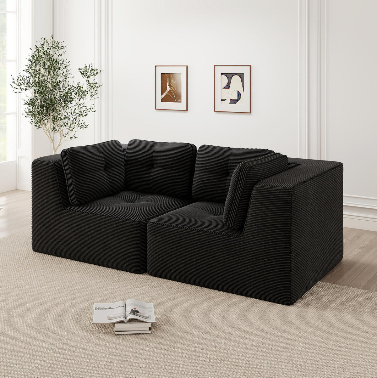 ECKSOFA 208/104/69 cm schwarz aus Cord mit modularem Design - Schwarz, Textil (104/208cm) - OKWISH