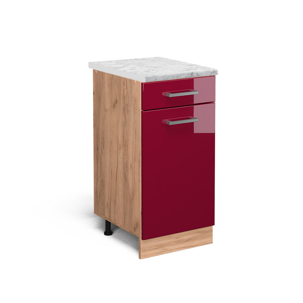 KÜCHENUNTERSCHRANK R-Line Bordeaux Hochglanz 40 cm AP Marmor - Bordeaux/Eiche Wotan, Holzwerkstoff (40/81.6/60cm) - Vicco