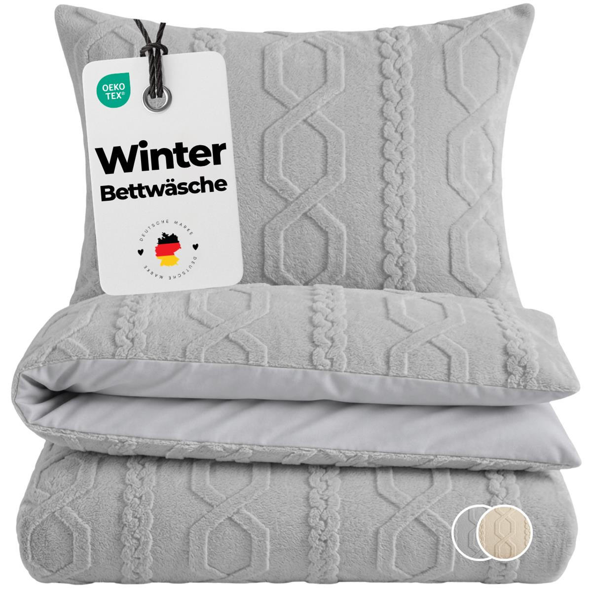 WINTER-BETTWÄSCHE 135x200 mit Strickmuster - Warme Plüsch Kuschelbettwäsche aus Mikrofaser - Grau - Grau, Textil (135/200cm) - Carpe Sonno