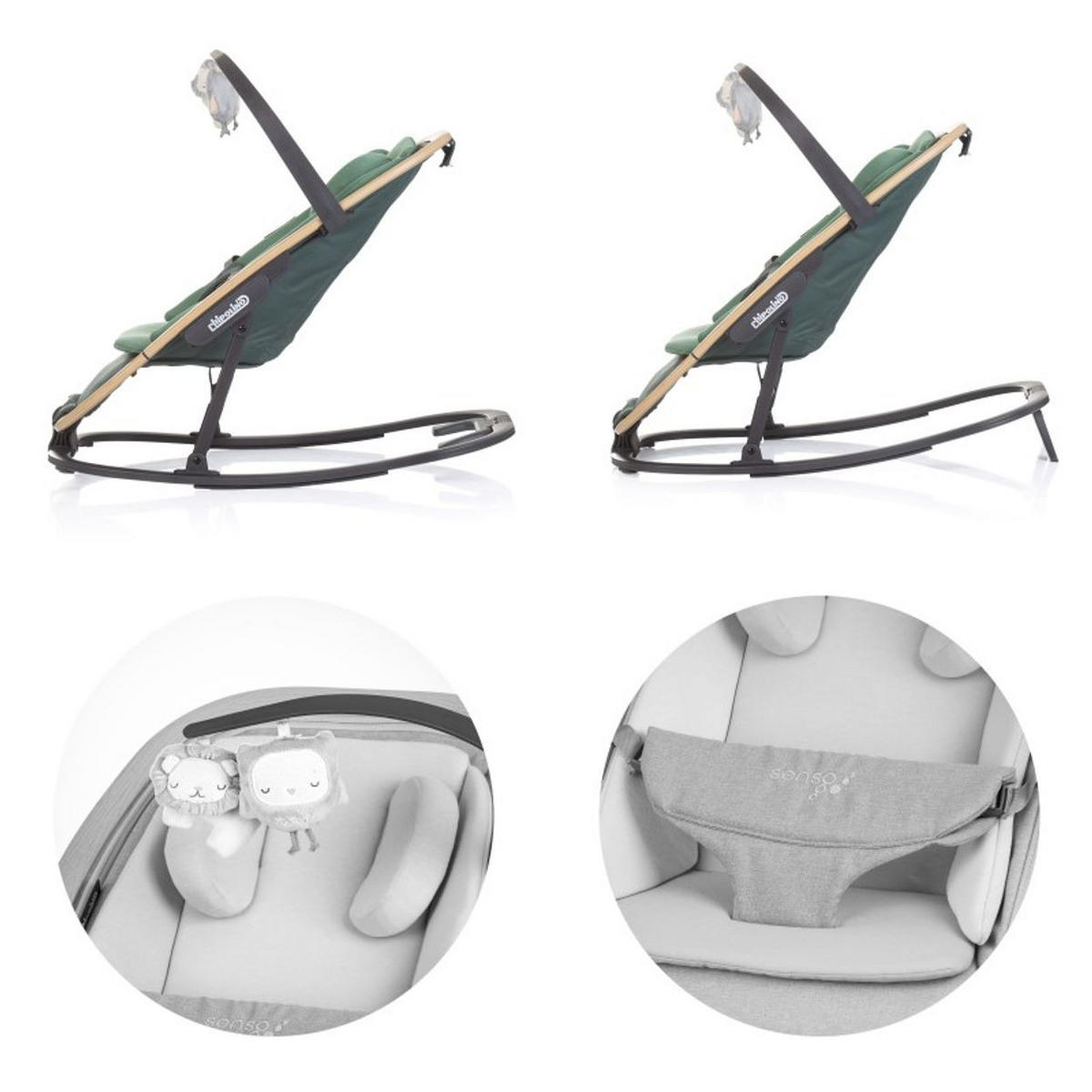 BABYWIPPE Senso grün Holzoptik, Kopfstütze, 3-Punkt-Gurt, verstellbare Rückenlehne - Grün, Metall - Chipolino