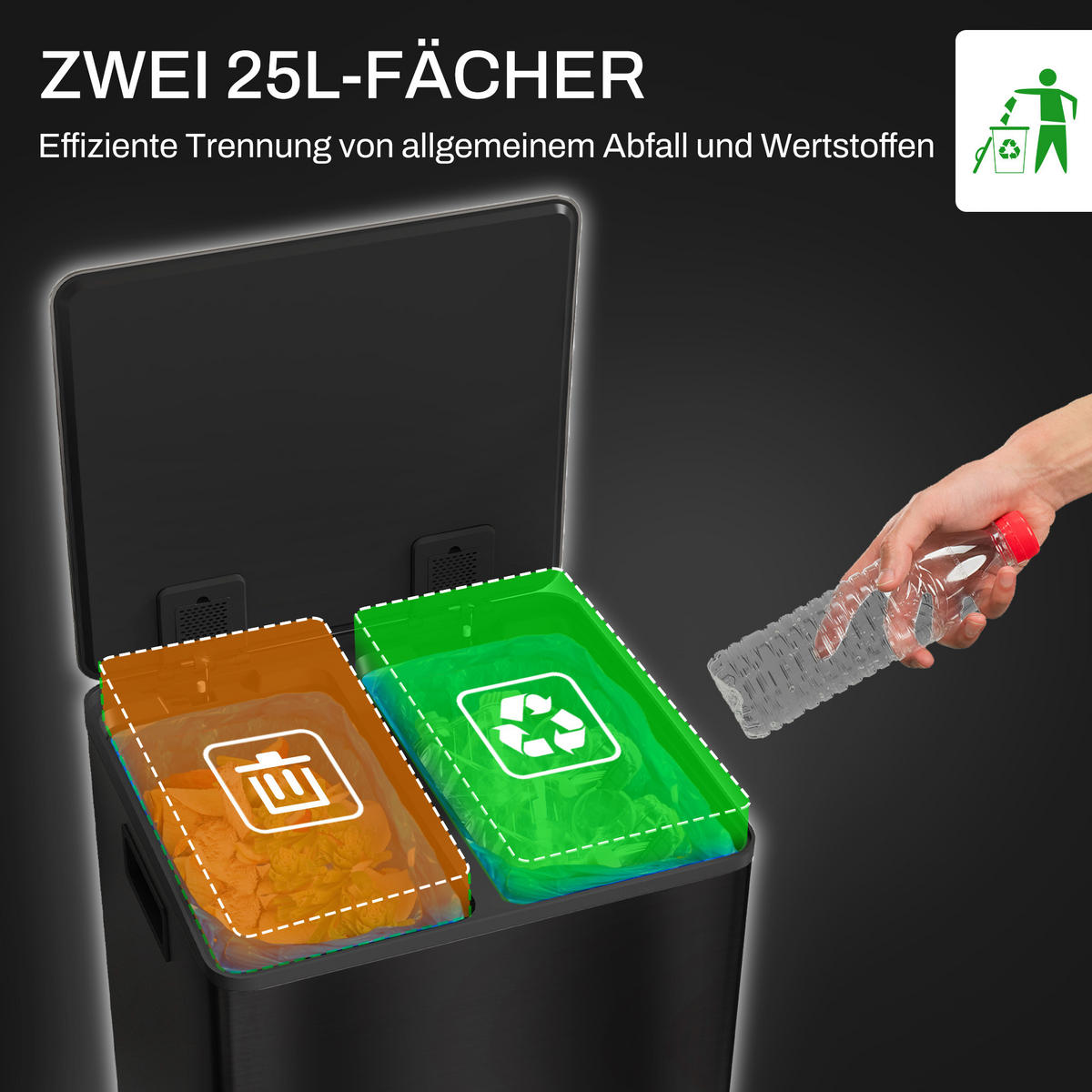 MÜLLEIMER 2 x 25L - Schwarz, Metall (37.5/56/47.7cm) - HOMCOM