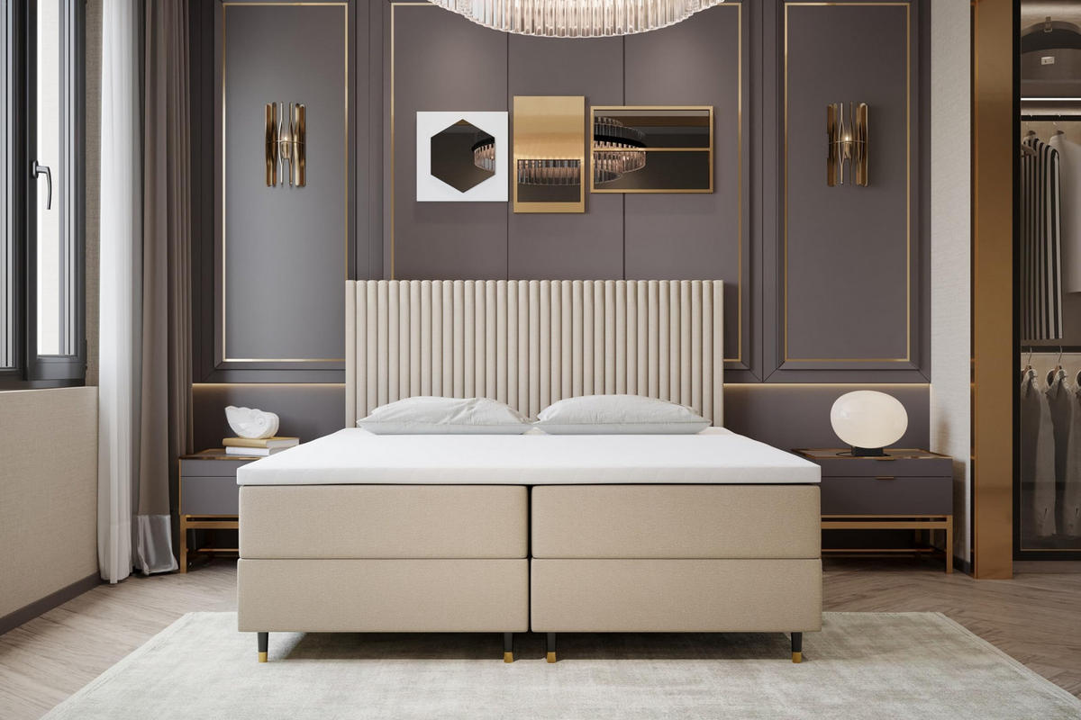 BOXBETT 140 x 200 cm mit Taschenmatratze ESTEPONA, Bettkästen mit Gasdruckfedern, Elegants gepolsterte Kopfstütze und Topper, Hellbeige - Beige, Holz/Textil (140/200cm) - Trada
