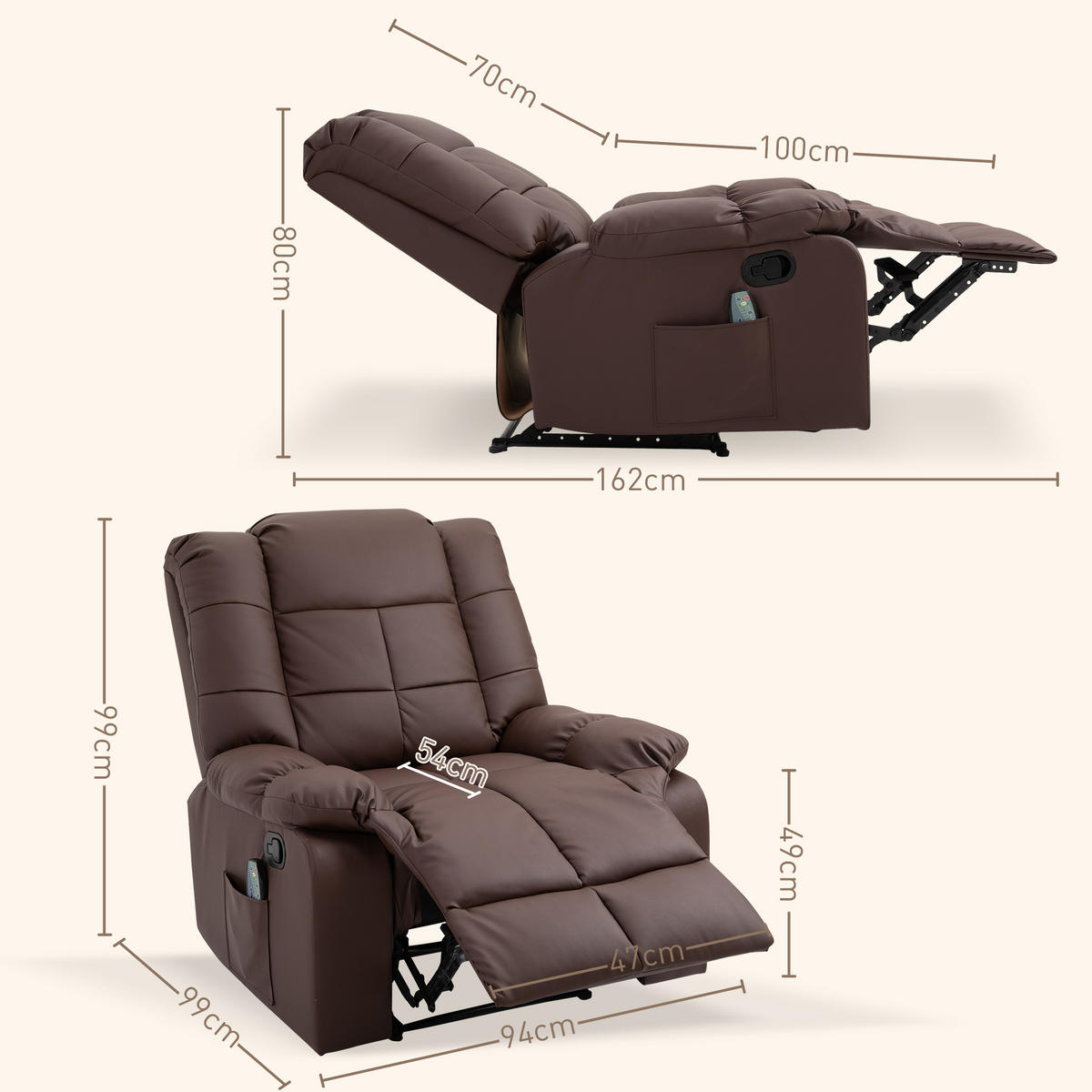 MASSAGESESSEL, Kunstleder, Holz, Braun - Braun, Kunststoff/Metall (99/99/94cm) - HOMCOM