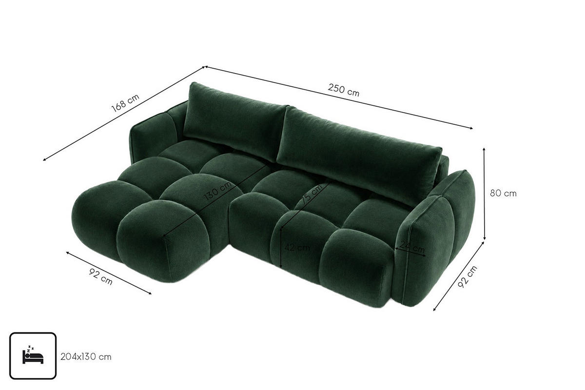 ECKSOFA L-Form Mit Schlaffunktion, Veloursstoff Bluvel, Grün, Links, BELVEDER L - Grün, Holz (250/168cm) - Kaiser Möbel