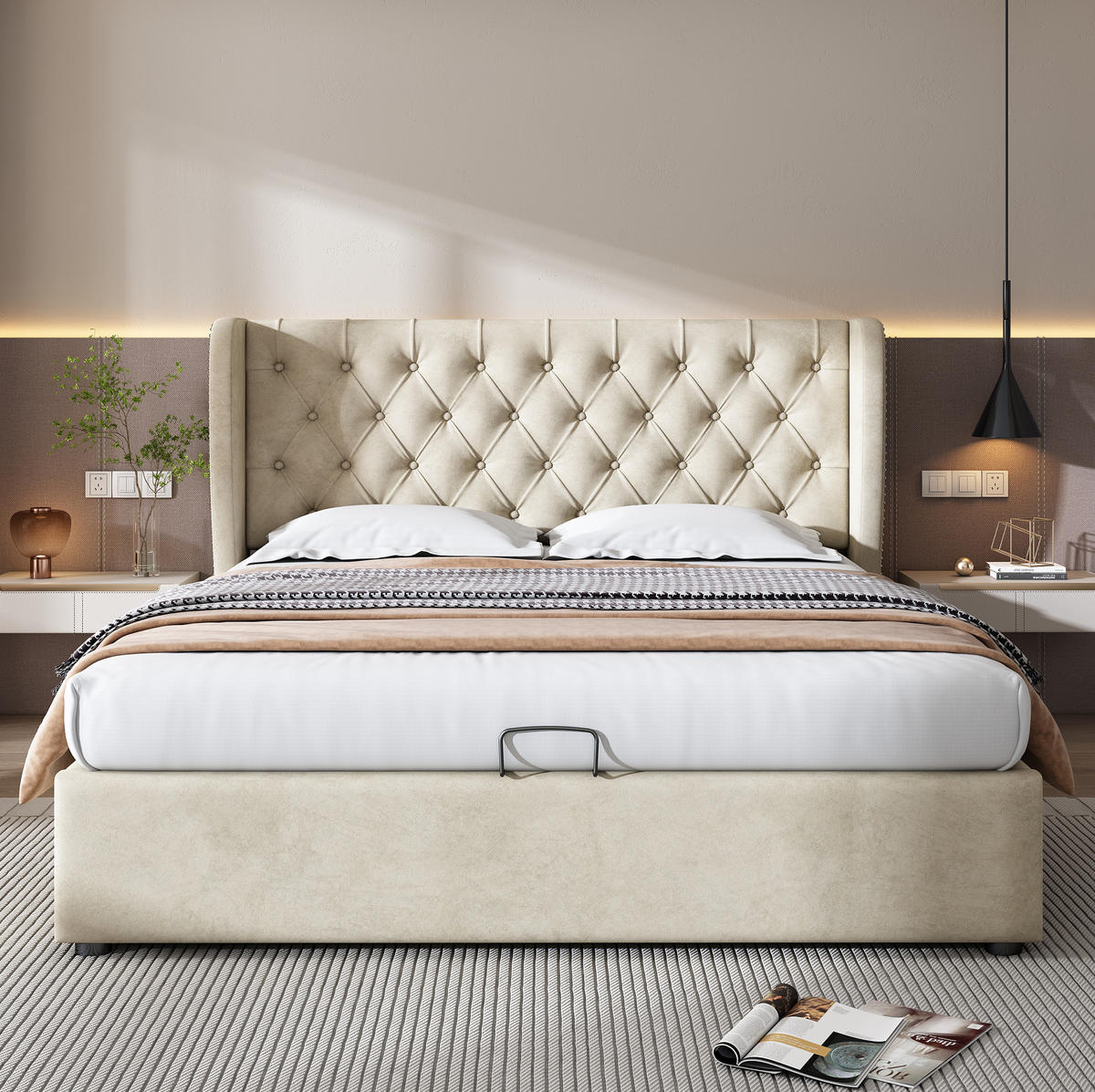 POLSTERBETT mit Bettkasten 140x200 cm Samt Beige inkl. Lattenrost - Beige, Metall (140/200cm) - Meubliv