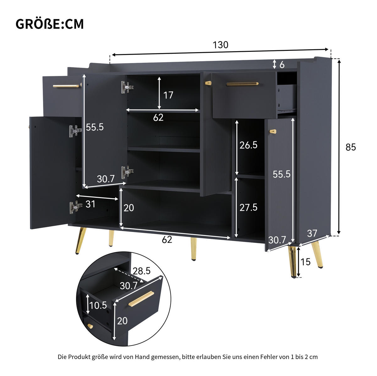SCHUHSCHRANK 130/37/100 cm in Schwarz mit 2 Schubladen und 4 Türen - Schwarz, Holzwerkstoff (130/100/37cm) - BEAOK