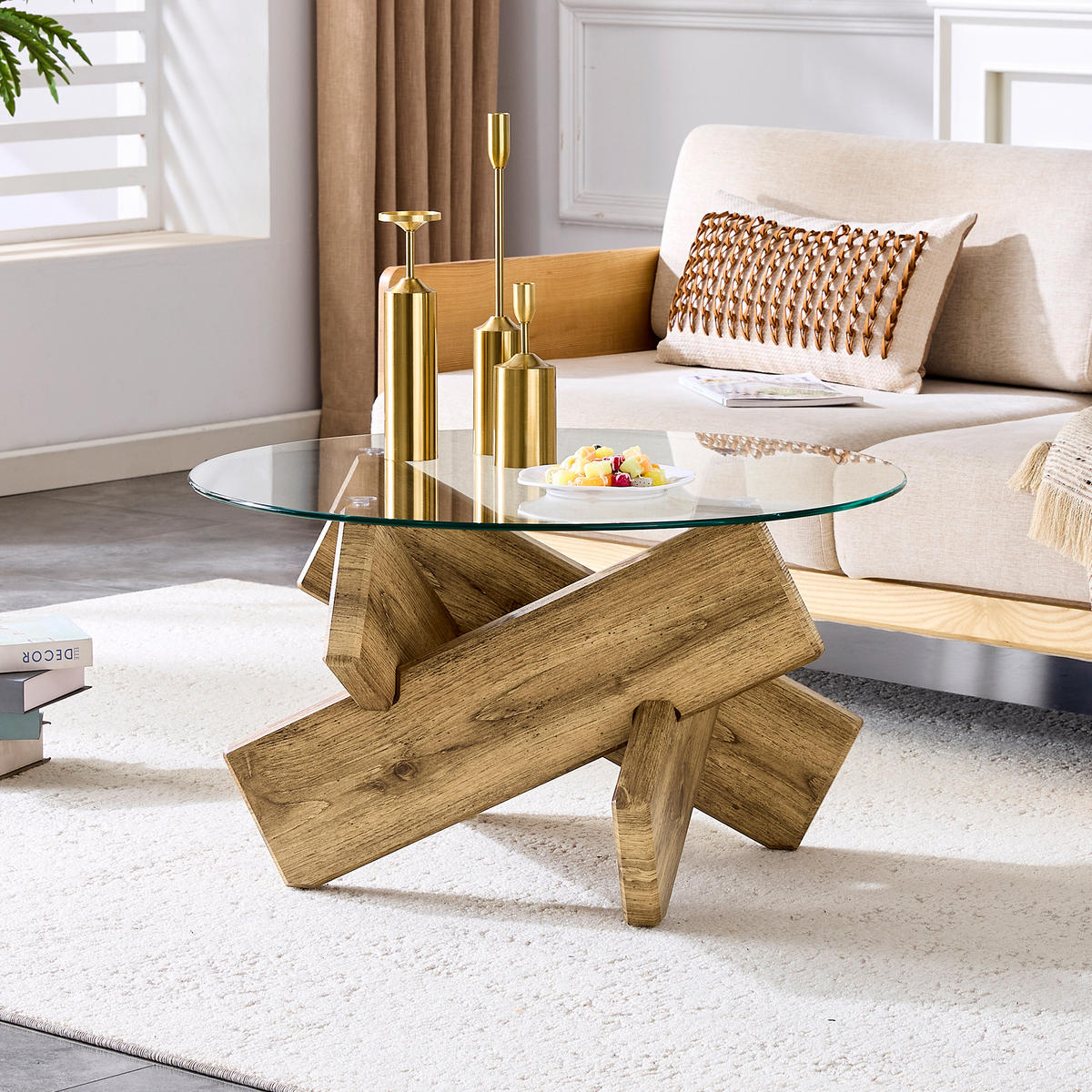 COUCHTISCH 79 cm Durchmesser mit Glasplatte und kreative Kreuz-Stütze aus MDF und Holz - Klar, Holzwerkstoff (79/79/45cm) - OKWISH