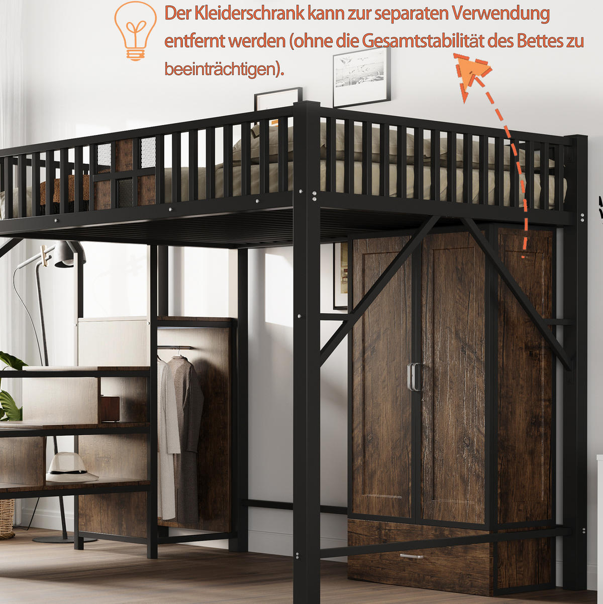 HOCHBETT 140/200 cm, Schwarz mit Kleiderschrank und Stauraum - Schwarz, Metall (140/200cm) - MIVRAY