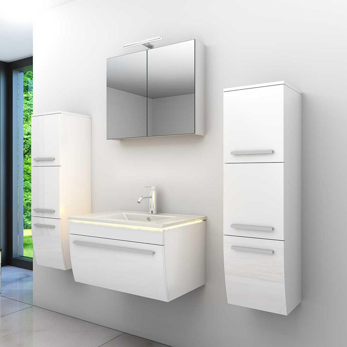 BADMÖBEL Set Gently 3 V3 Weiß Badezimmermöbel Badspiegel Waschtisch 70 cm mit 1x 5W LED / Energiebox - Weiß, Glas/Kunststoff (46/40/70cm) - AcquaVapore by Sandra Jentho